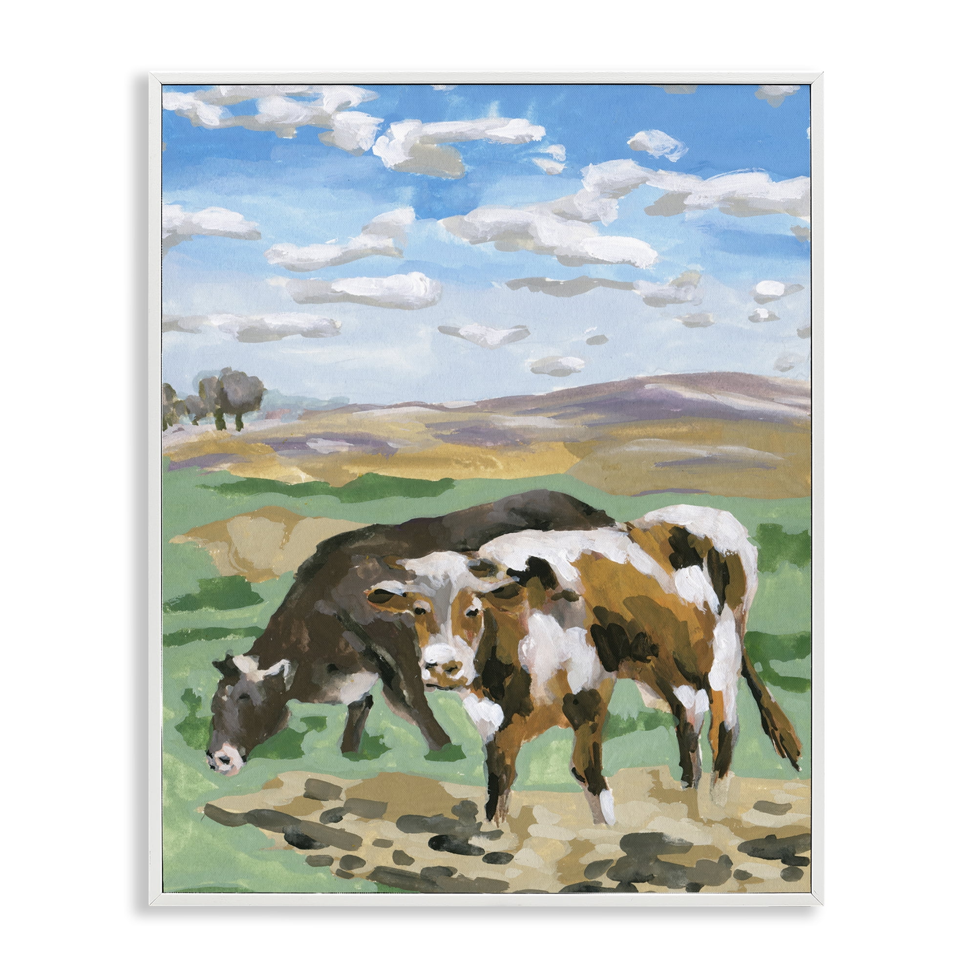 Stupell Industries Grazing Cattle Landscape Animals Painting White Framed Art Print Wall Art, 16 x 20