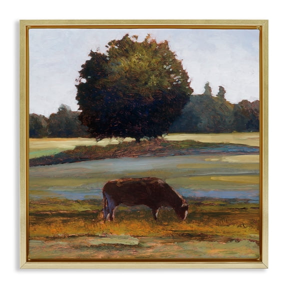 Stupell Industries Grazing Cattle Pasture with Tree Gold Framed Floater Canvas Wall Art design by Kent Lovelace, 25 x 25