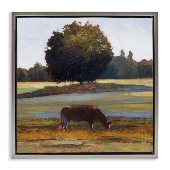 Stupell Industries Grazing Cattle Pasture with Tree Gray Framed Floater Canvas Wall Art design by Kent Lovelace, 25 x 25