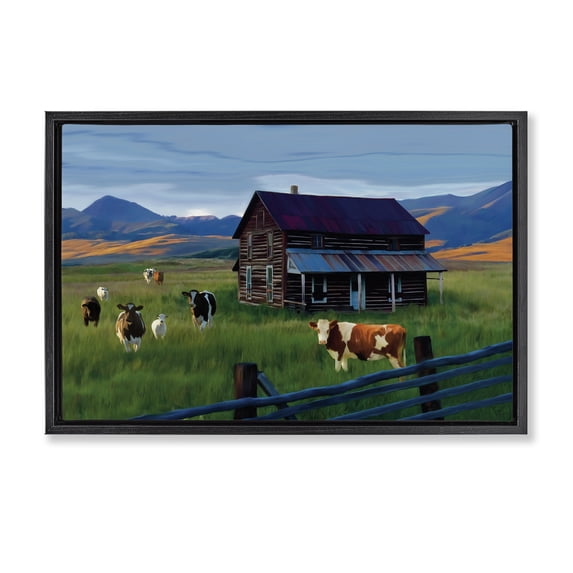 Stupell Industries Farmhouse Grazing Cattle at Solitary Cabin Black Floating Frame Canvas Art, 25 x 17, by Renel Peters