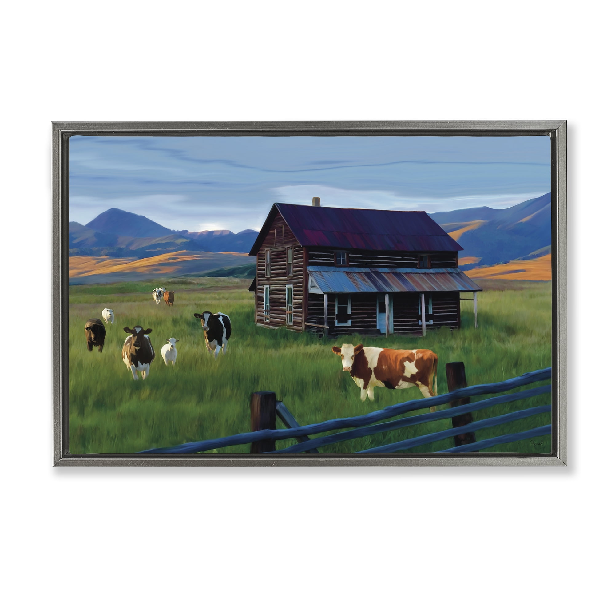 Stupell Industries Grazing Cattle at Solitary Cabin Gray Framed Floater Canvas Wall Art, design by Renel Peters