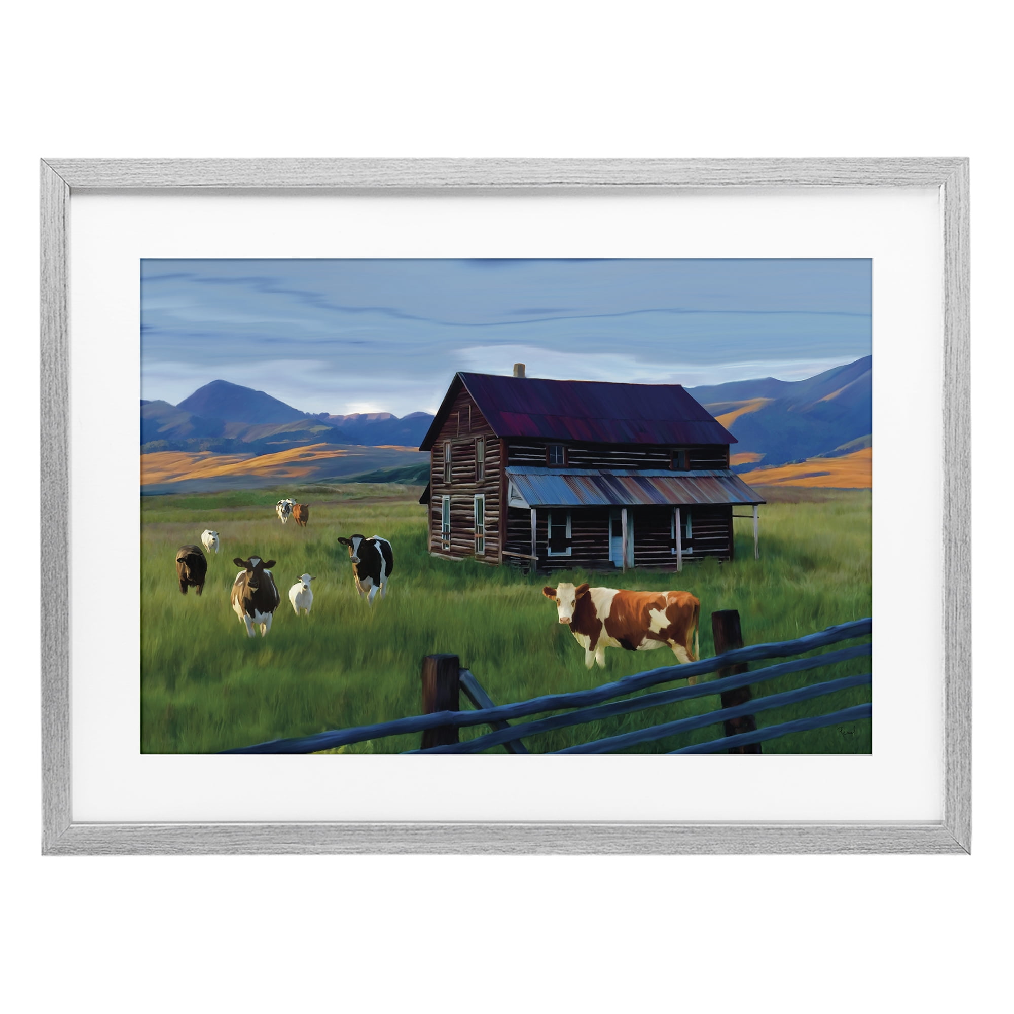 Stupell Industries Grazing Cattle at Solitary Cabin Gray Framed Print Under Glass, design by Renel Peters