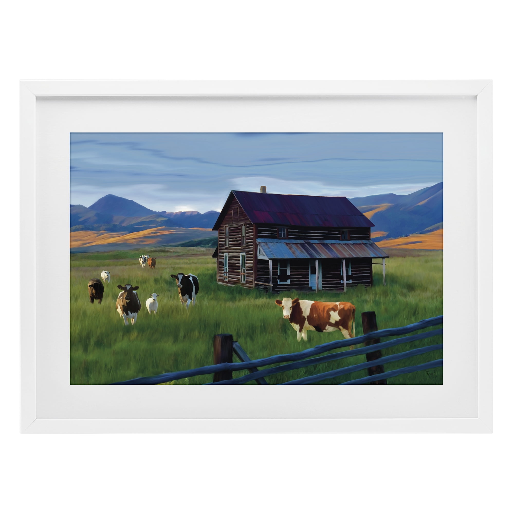 Stupell Industries Grazing Cattle at Solitary Cabin White Framed Print Under Glass, design by Renel Peters