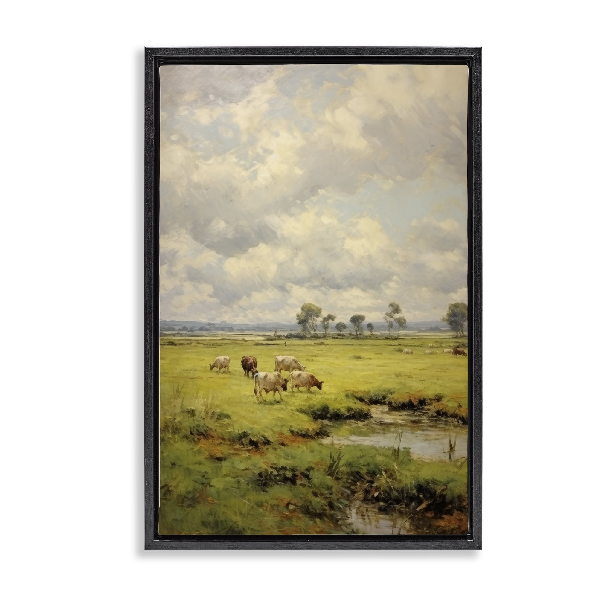 Stupell Industries Grazing Cows Countryside Landscape Painting Black Floater Framed Canvas Art Print Wall Art, 17 x 25