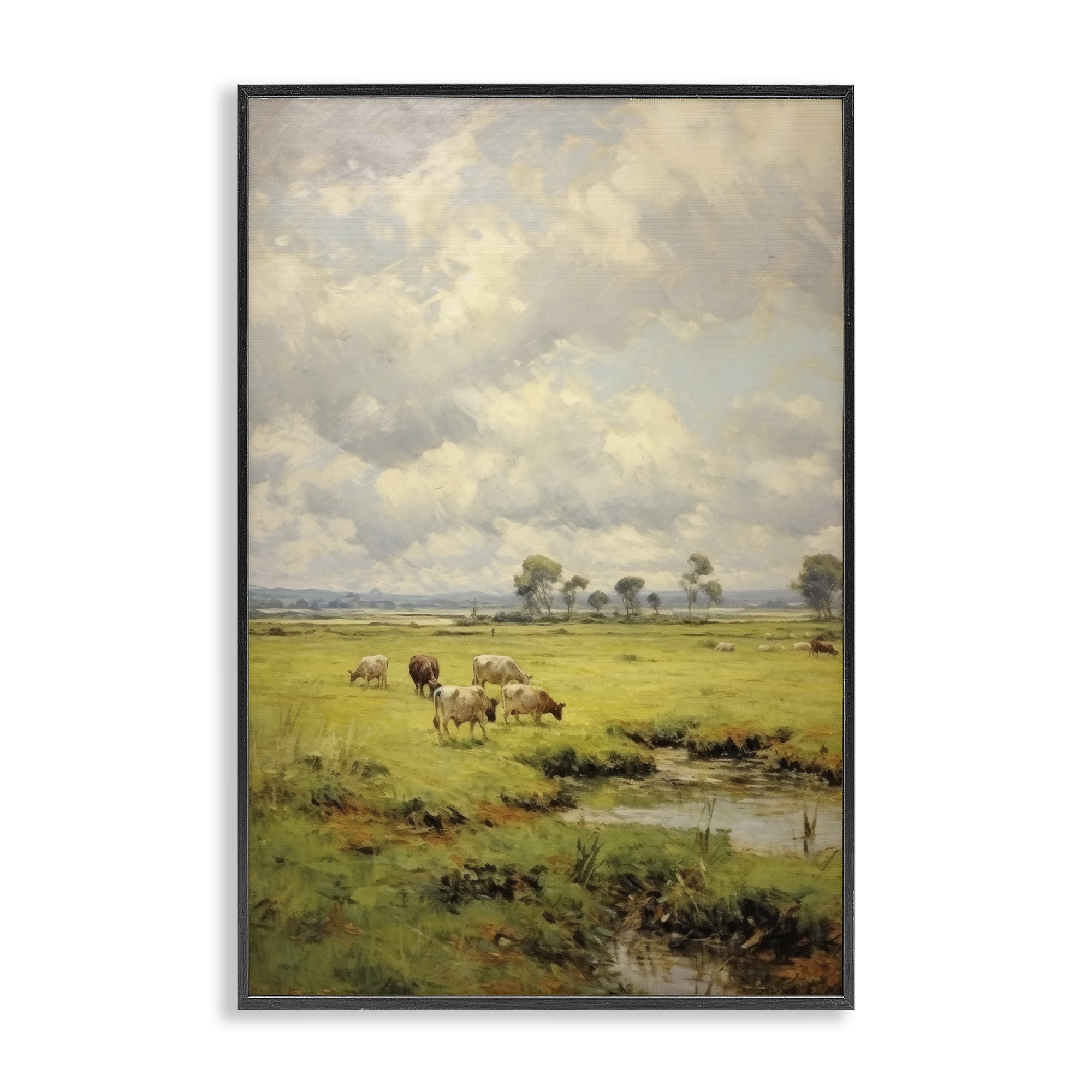 Stupell Industries Grazing Cows Countryside Landscape Painting Black Framed Art Print Wall Art, 20 x 30