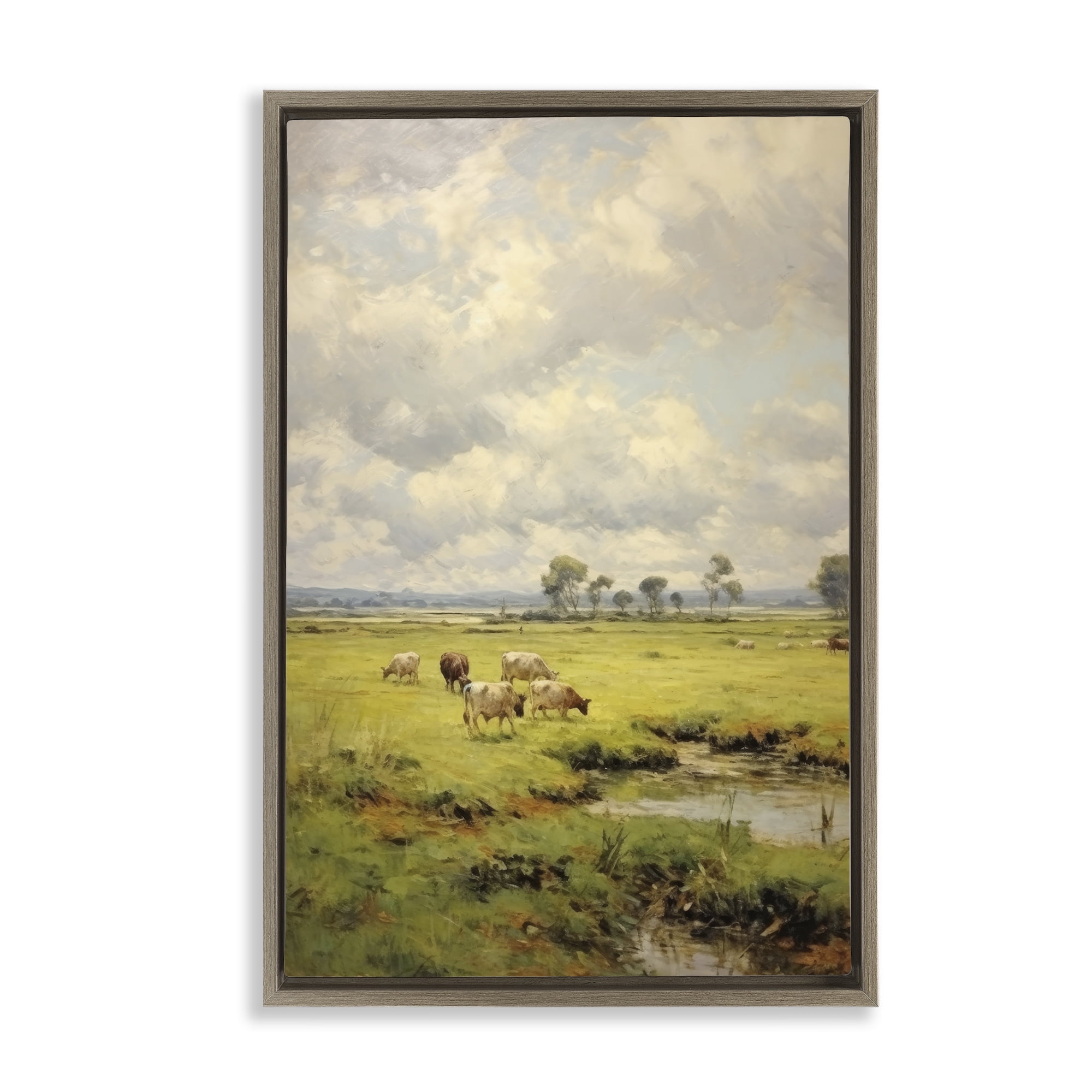 Stupell Industries Grazing Cows Countryside Landscape Painting Brown Floater Framed Canvas Art Print Wall Art, 17 x 25