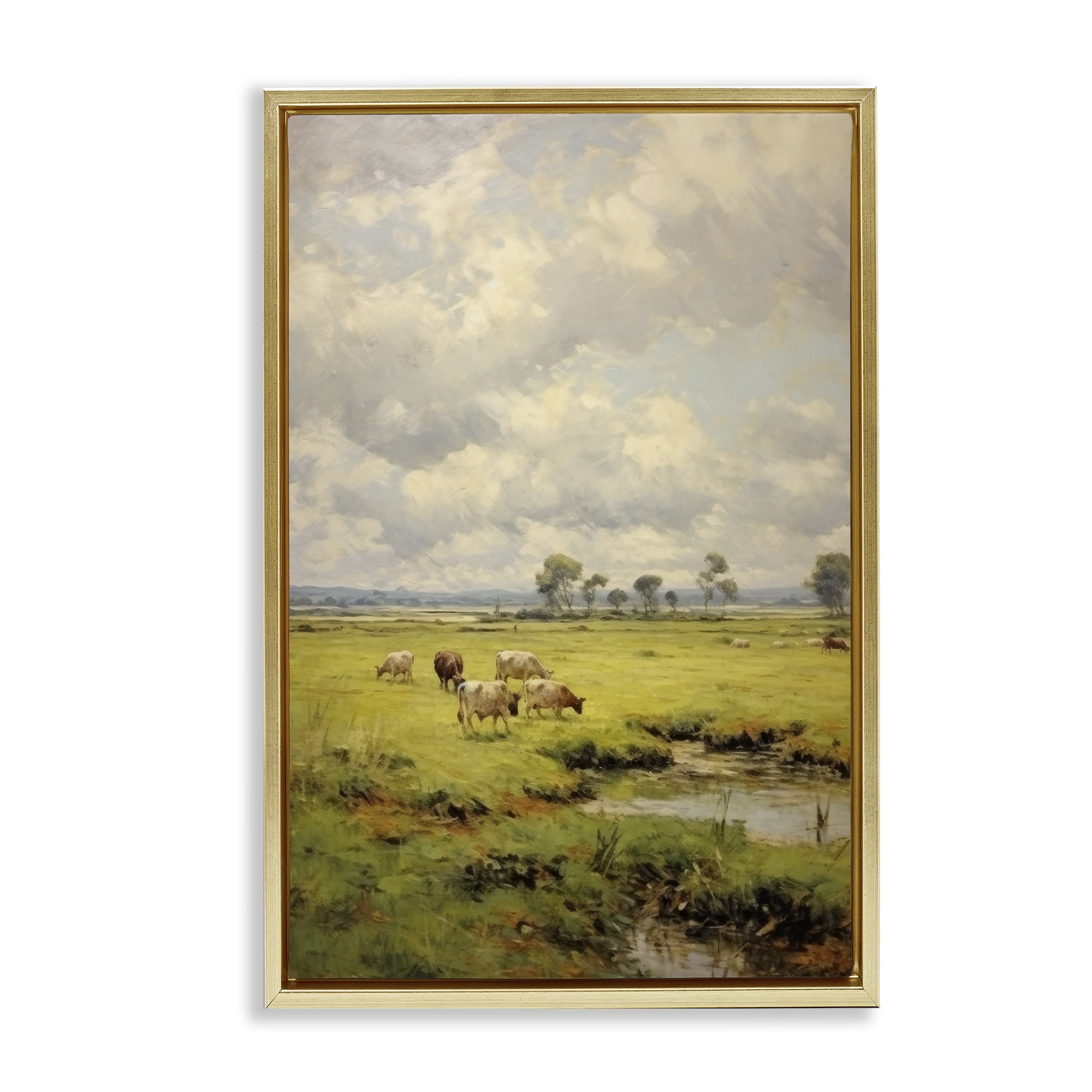 Stupell Industries Grazing Cows Countryside Landscape Painting Gold Floater Framed Canvas Art Print Wall Art, 17 x 25