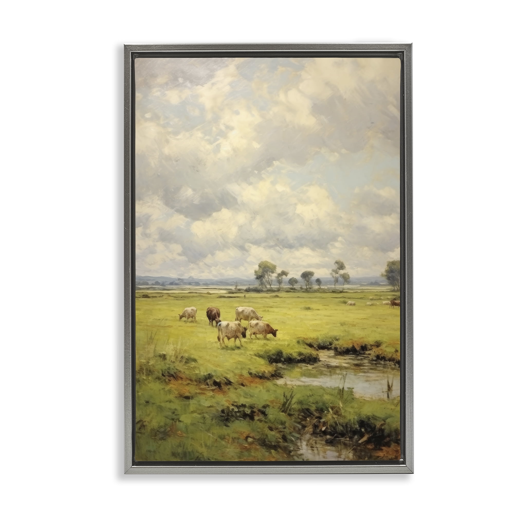 Stupell Industries Grazing Cows Countryside Landscape Painting Gray Floater Framed Canvas Art Print Wall Art, 17 x 25