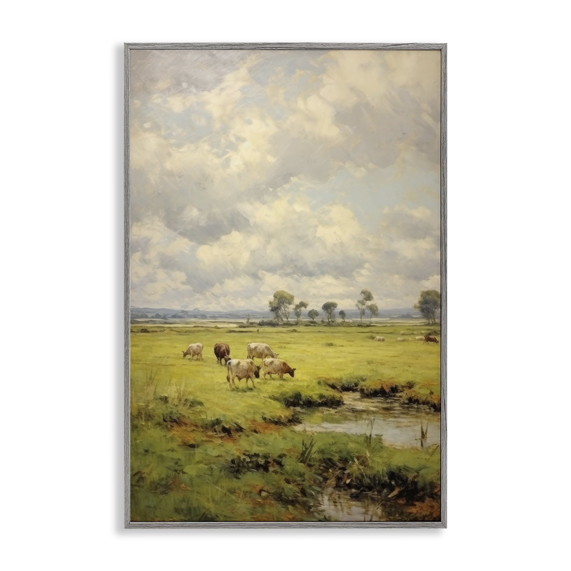 Stupell Industries Grazing Cows Countryside Landscape Painting Gray Framed Art Print Wall Art, 12 x 18