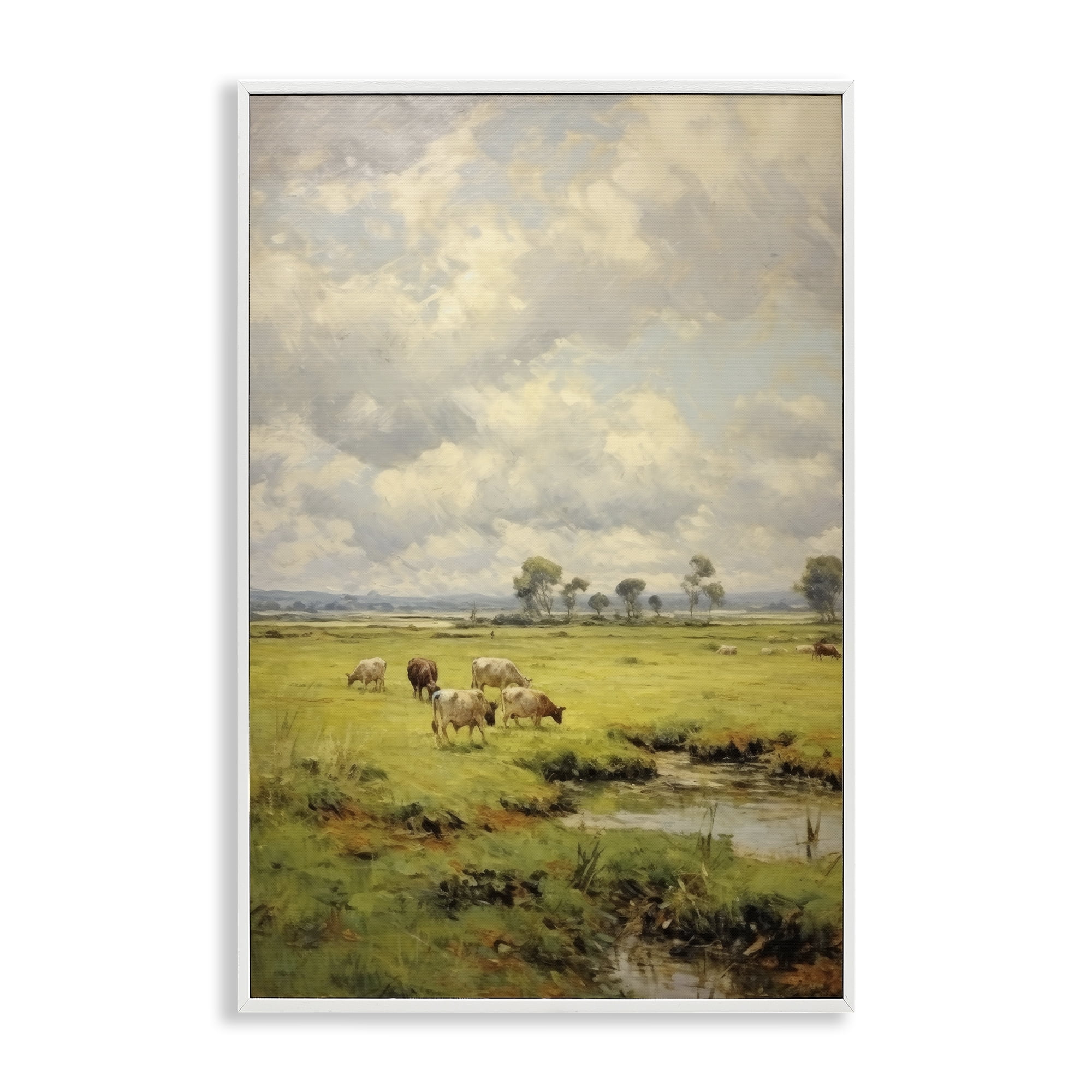 Stupell Industries Grazing Cows Countryside Landscape Painting White Framed Art Print Wall Art, 12 x 18