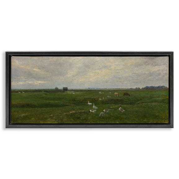 Stupell Industries Grazing Ducks & Horses Landscape & Nature Painting Black Floater Framed Canvas Art Print Wall Art, 25 x 11