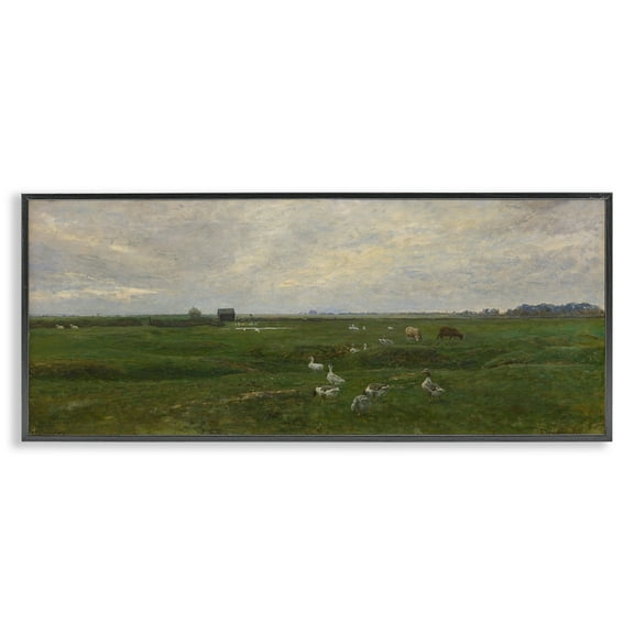 Stupell Industries Grazing Ducks & Horses Landscape & Nature Painting Black Framed Art Print Wall Art, 24 x 10