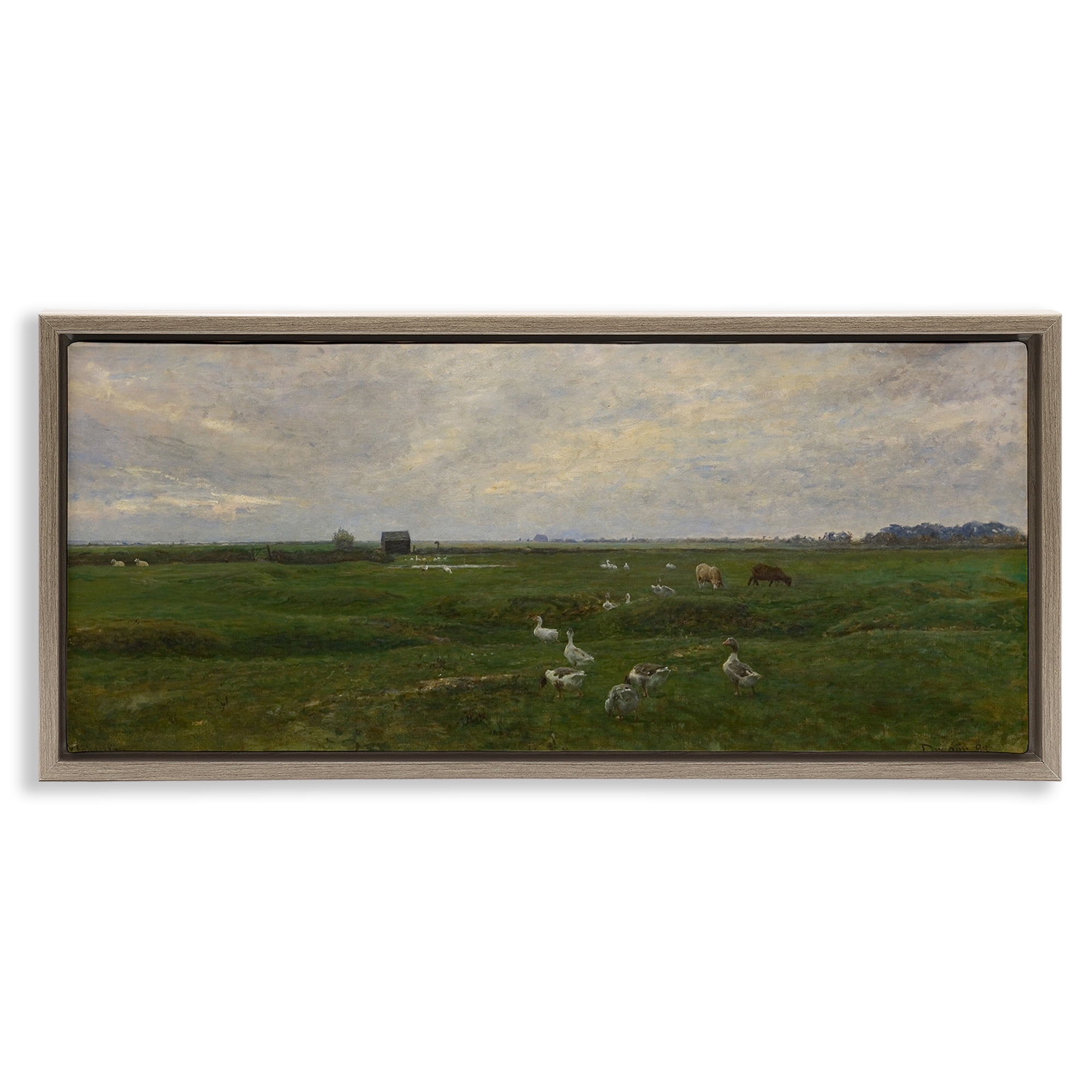 Stupell Industries Grazing Ducks & Horses Landscape & Nature Painting Brown Floater Framed Canvas Art Print Wall Art, 25 x 11