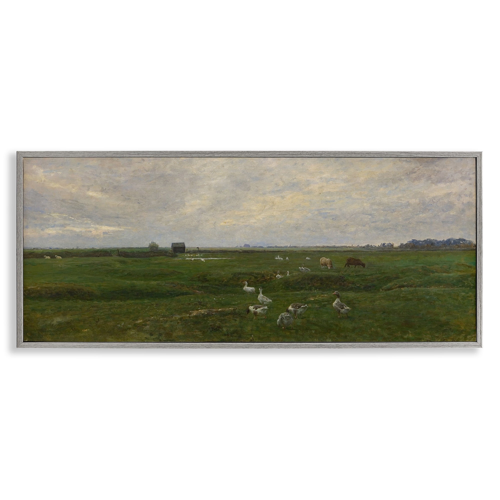 Stupell Industries Grazing Ducks & Horses Landscape & Nature Painting Gray Framed Art Print Wall Art, 30 x 13