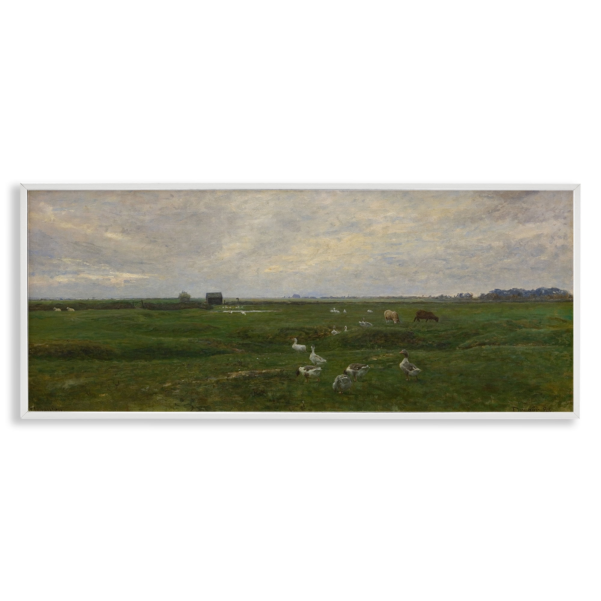 Stupell Industries Grazing Ducks & Horses Landscape & Nature Painting White Framed Art Print Wall Art, 24 x 10