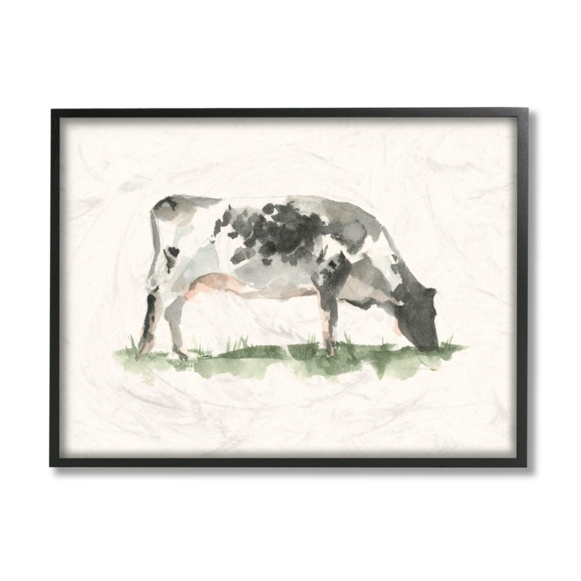Neutral Watercolor Grazing Cow Print on Canvas with Black Frame