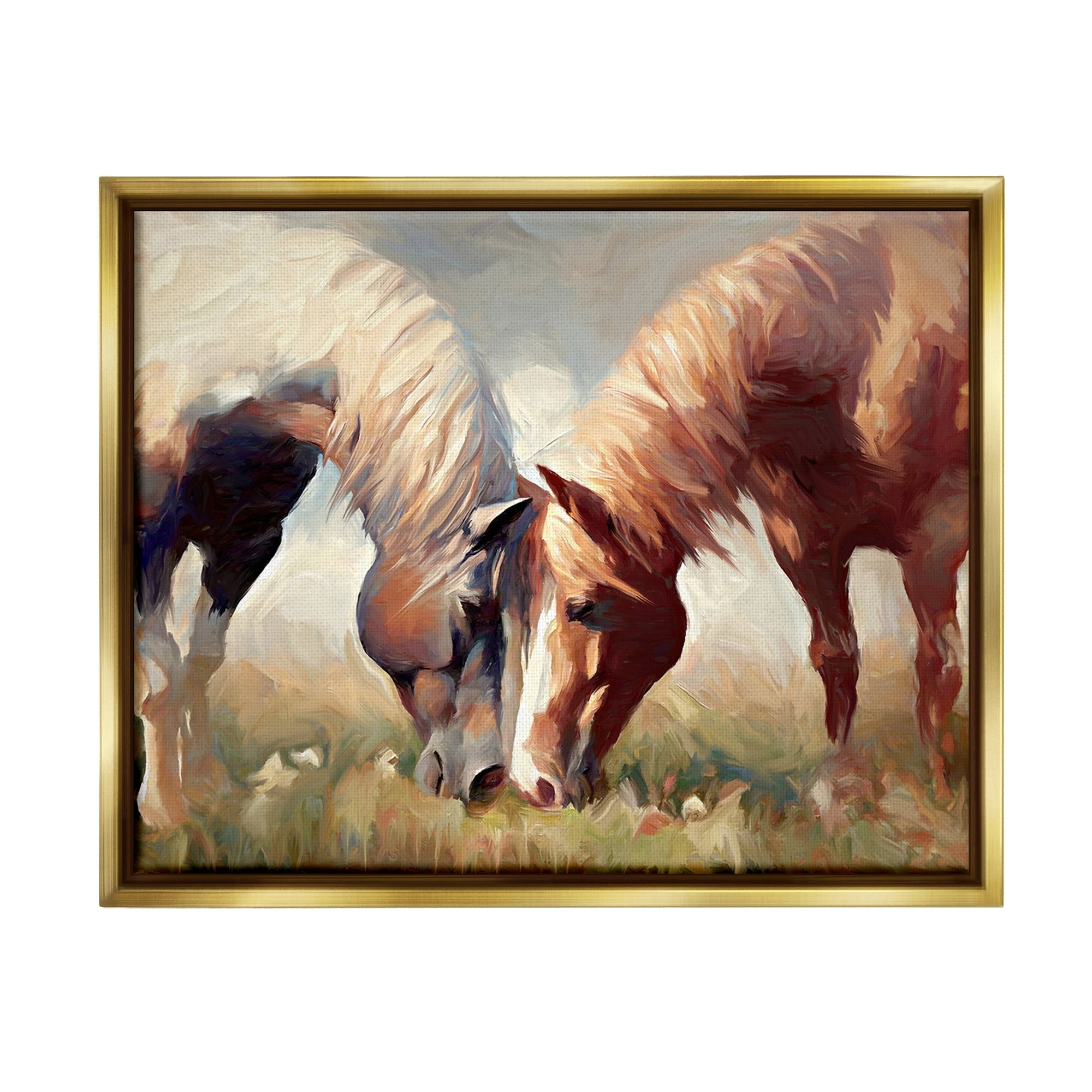 Stupell Industries Grazing Horse Pair Animals & Insects Painting Gold Floater Framed Canvas Art Print Wall Art, 31 x 25