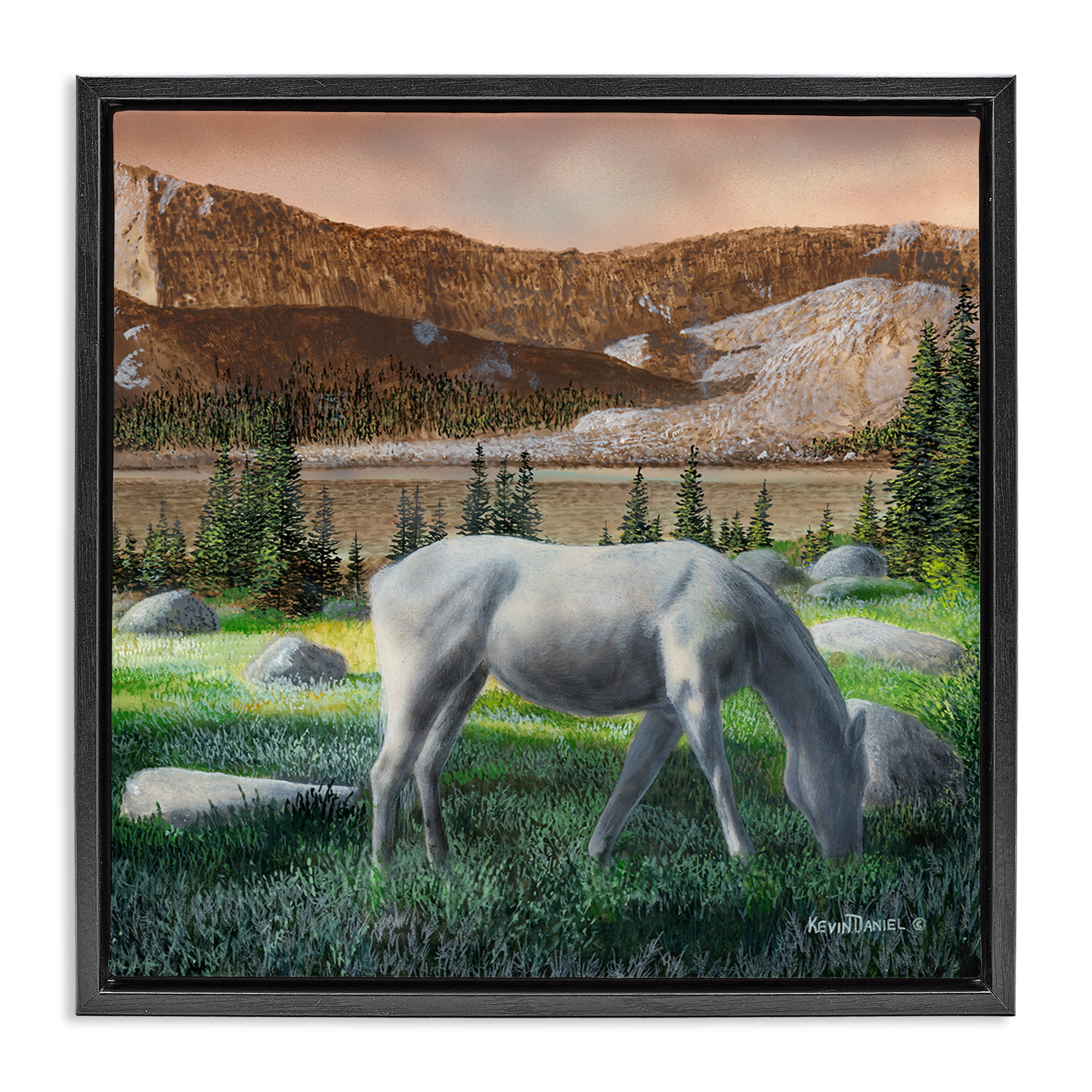 Stupell Industries Grazing Horses in Countryside Landscape & Nature Painting Black Floater Framed Canvas Art Print Wall Art, 25 x 25