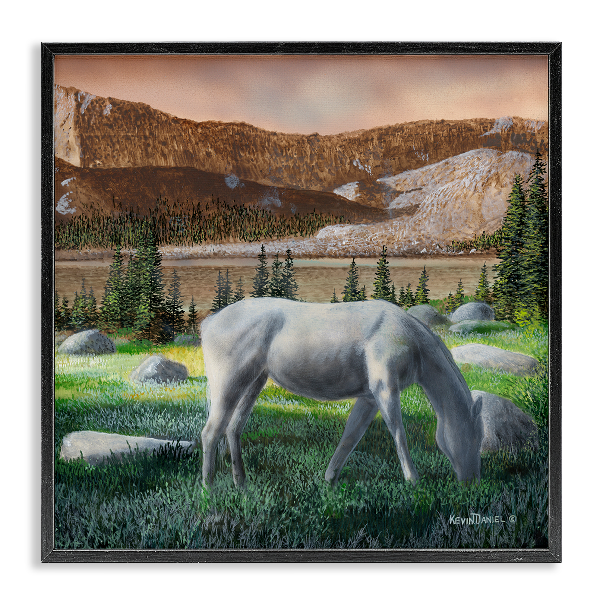 Stupell Industries Grazing Horses in Countryside Landscape & Nature Painting Black Framed Art Print Wall Art, 12 x 12