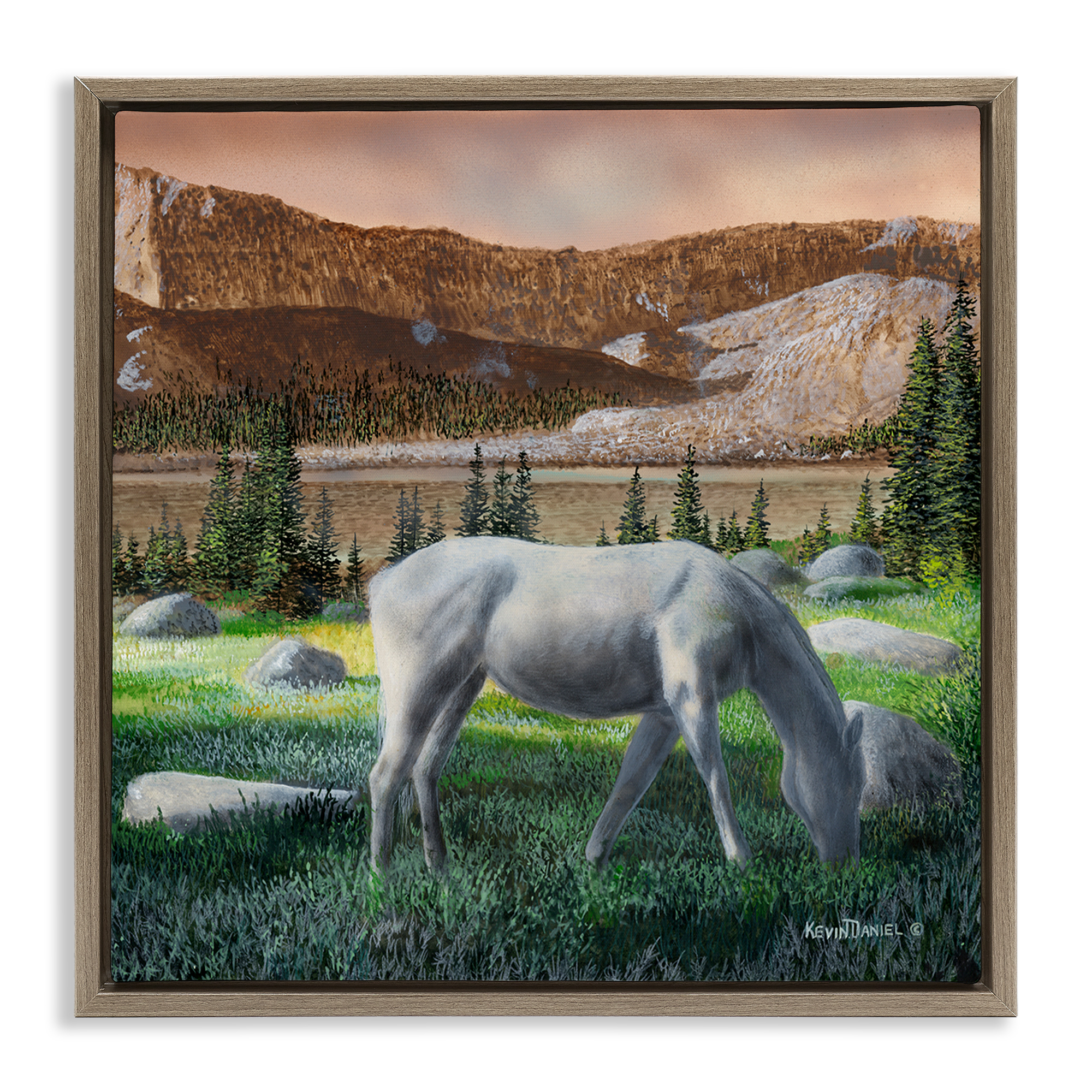Stupell Industries Grazing Horses in Countryside Landscape & Nature Painting Brown Floater Framed Canvas Art Print Wall Art, 25 x 25