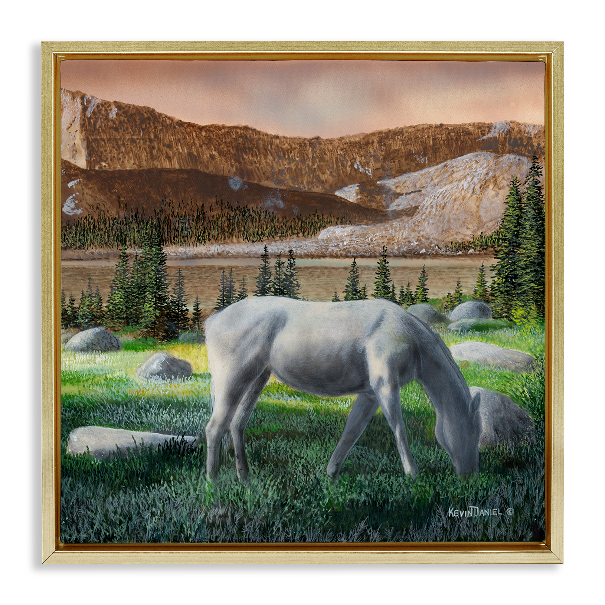Stupell Industries Grazing Horses in Countryside Landscape & Nature Painting Gold Floater Framed Canvas Art Print Wall Art, 18 x 18