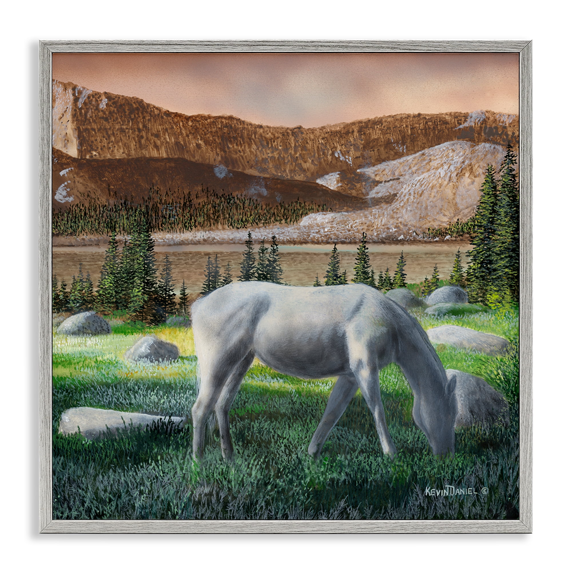 Stupell Industries Grazing Horses in Countryside Landscape & Nature Painting Gray Framed Art Print Wall Art, 17 x 17