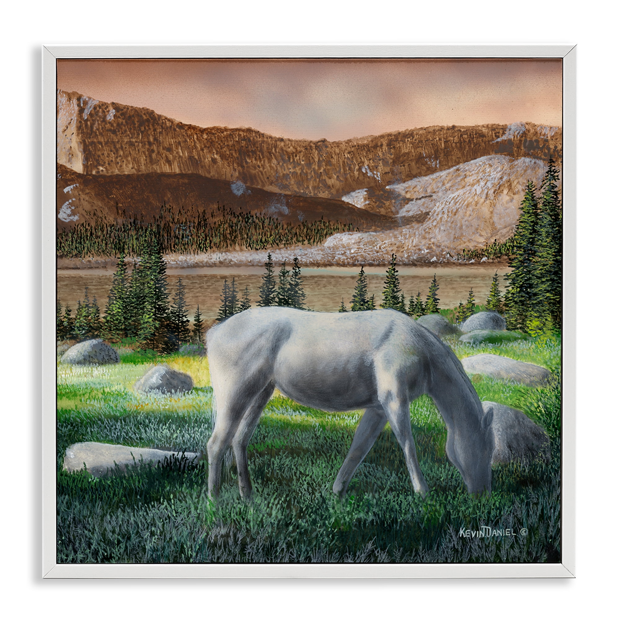 Stupell Industries Grazing Horses in Countryside Landscape & Nature Painting White Framed Art Print Wall Art, 12 x 12
