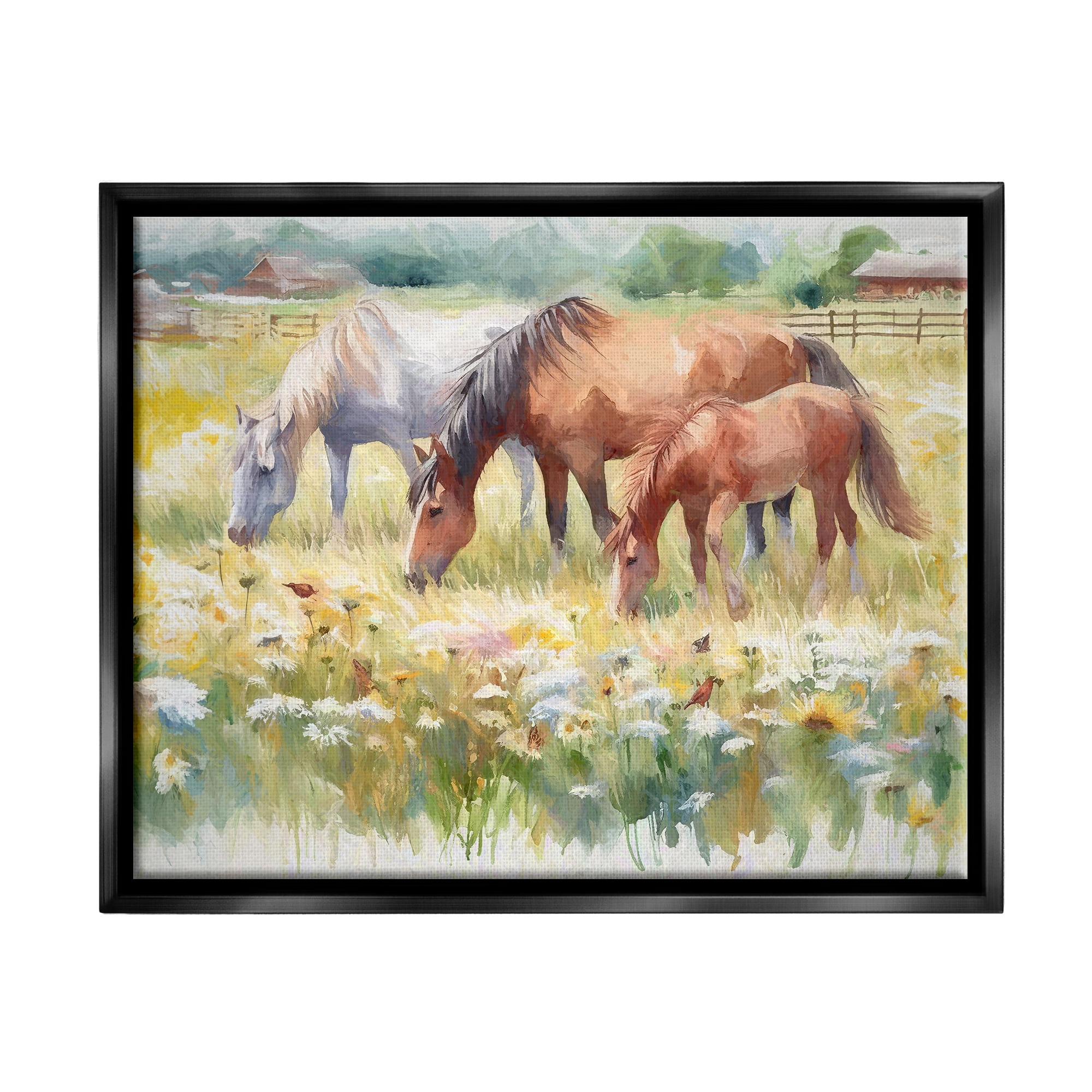 Stupell Industries Grazing Horses in Meadow Animals & Insects Painting Black Floater Framed Canvas Art Print Wall Art, 31 x 25