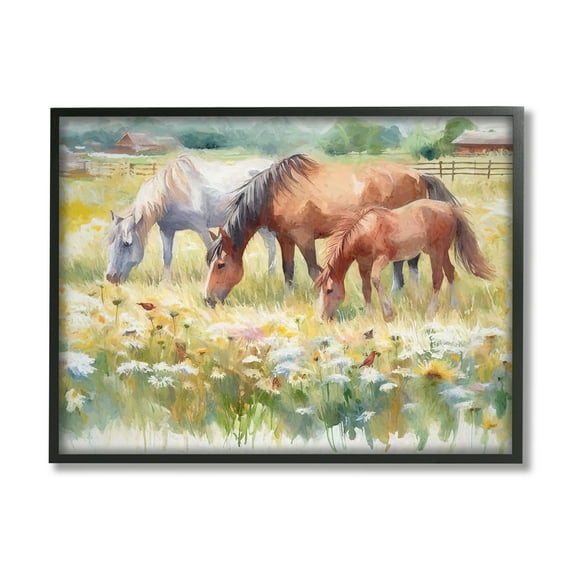 Stupell Industries Grazing Horses in Meadow Animals & Insects Painting Black Framed Art Print Wall Art, 14 x 11