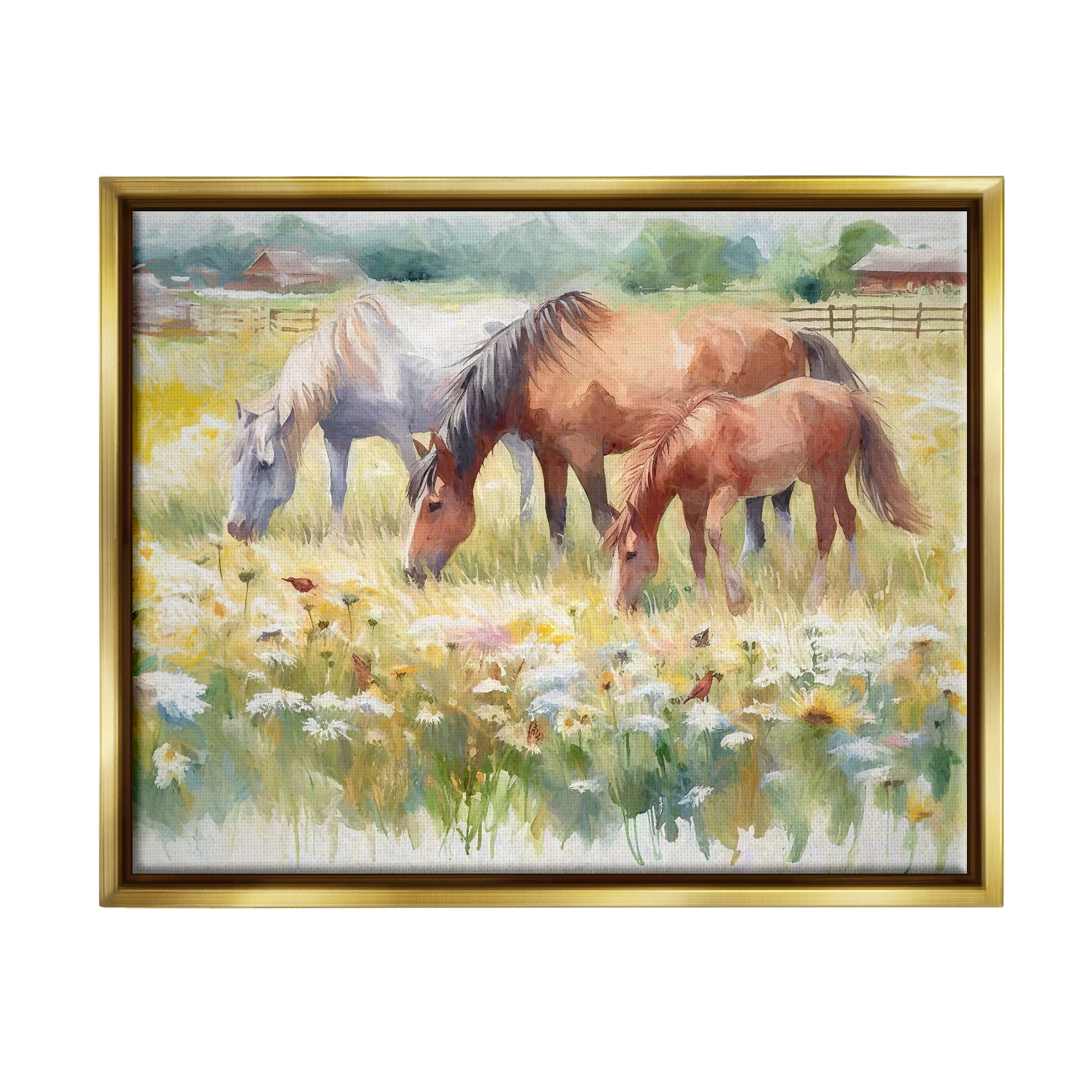 Grazing Horses in Meadow Gold Framed Canvas Art Print, 21 x 17