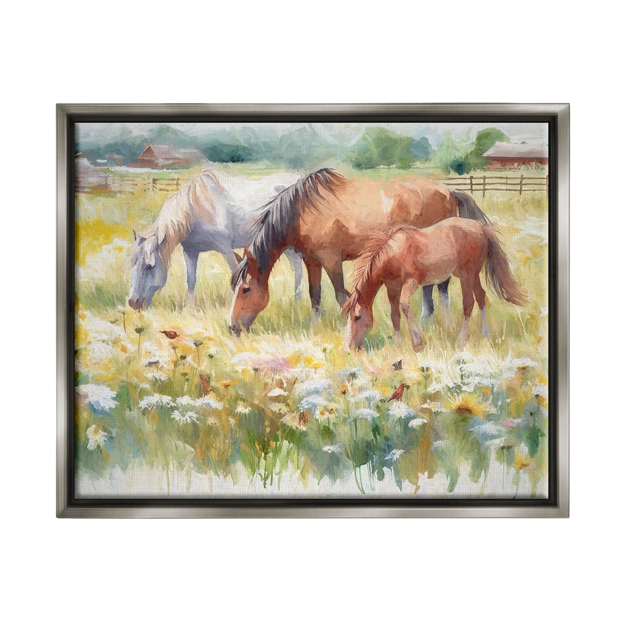 Stupell Industries Grazing Horses in Meadow Animals & Insects Painting Gray Floater Framed Canvas Art Print Wall Art, 21 x 17