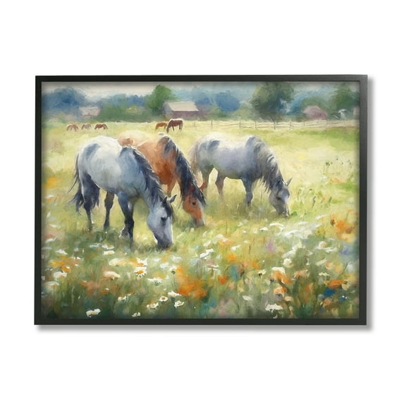 Stupell Industries Grazing Horses in Pasture Animals & Insects Painting Black Framed Art Print Wall Art, 30 x 24