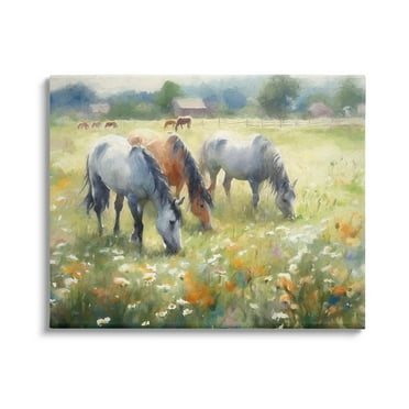 Stupell Industries Grazing Horses in Pasture Animals & Insects Painting Gallery Wrapped Canvas Art Print Wall Art, 20 x 16