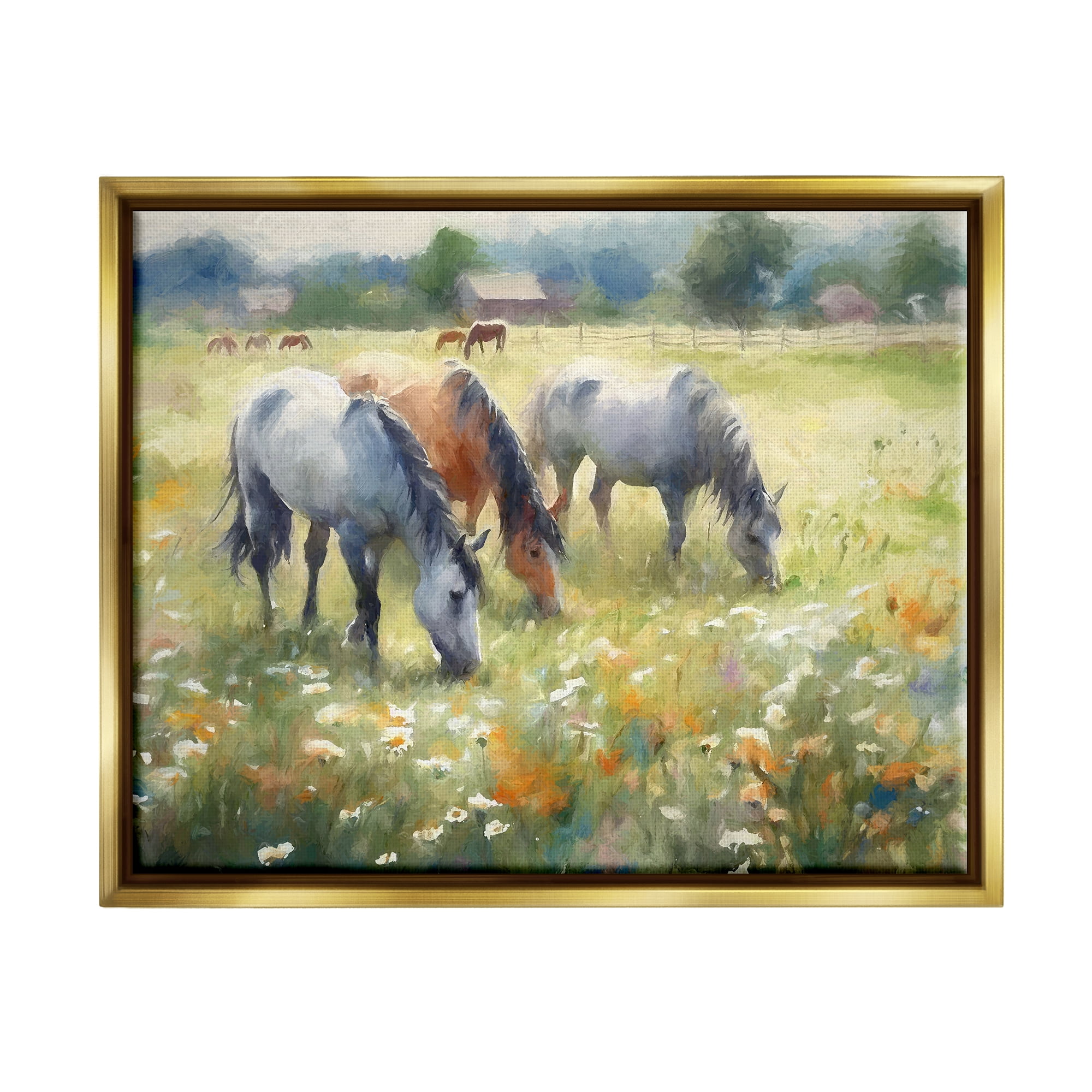 Stupell Industries Grazing Horses in Pasture Animals & Insects Painting Gold Floater Framed Canvas Art Print Wall Art, 31 x 25