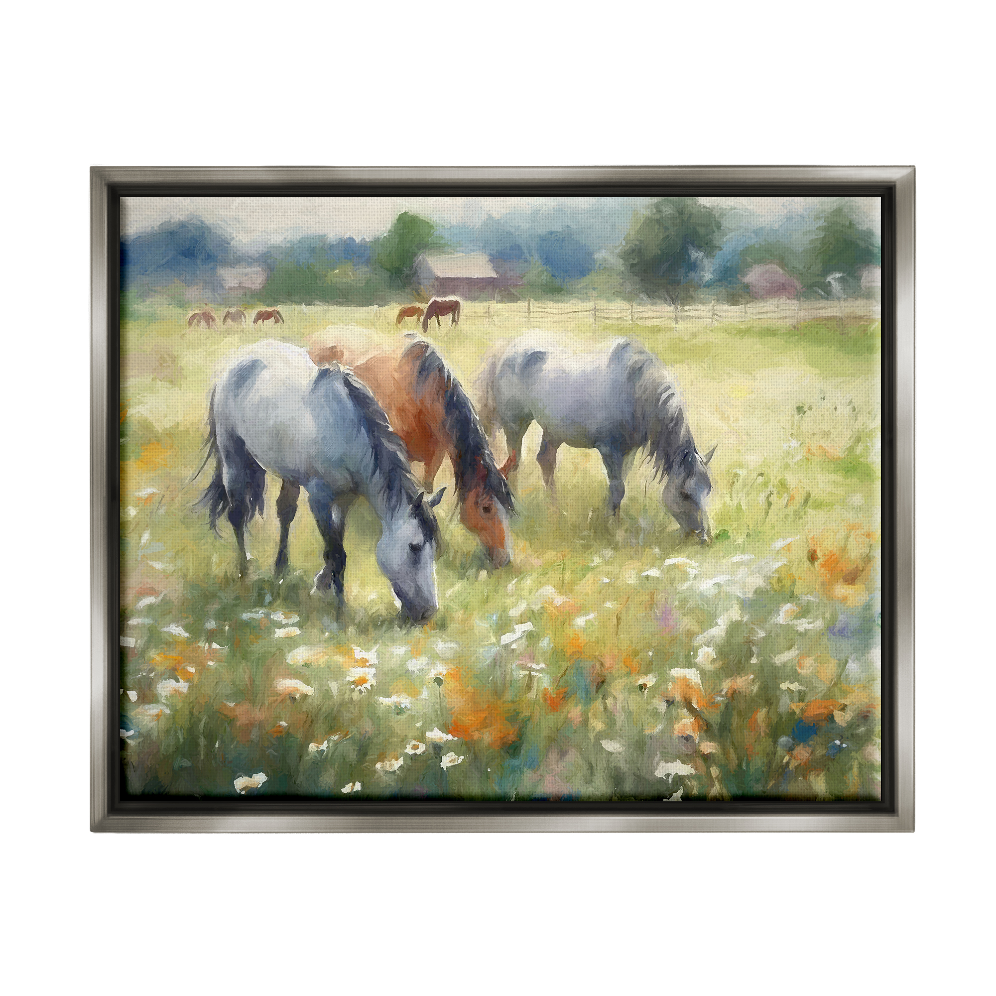 Stupell Industries Grazing Horses in Pasture Animals & Insects Painting Gray Floater Framed Canvas Art Print Wall Art, 31 x 25