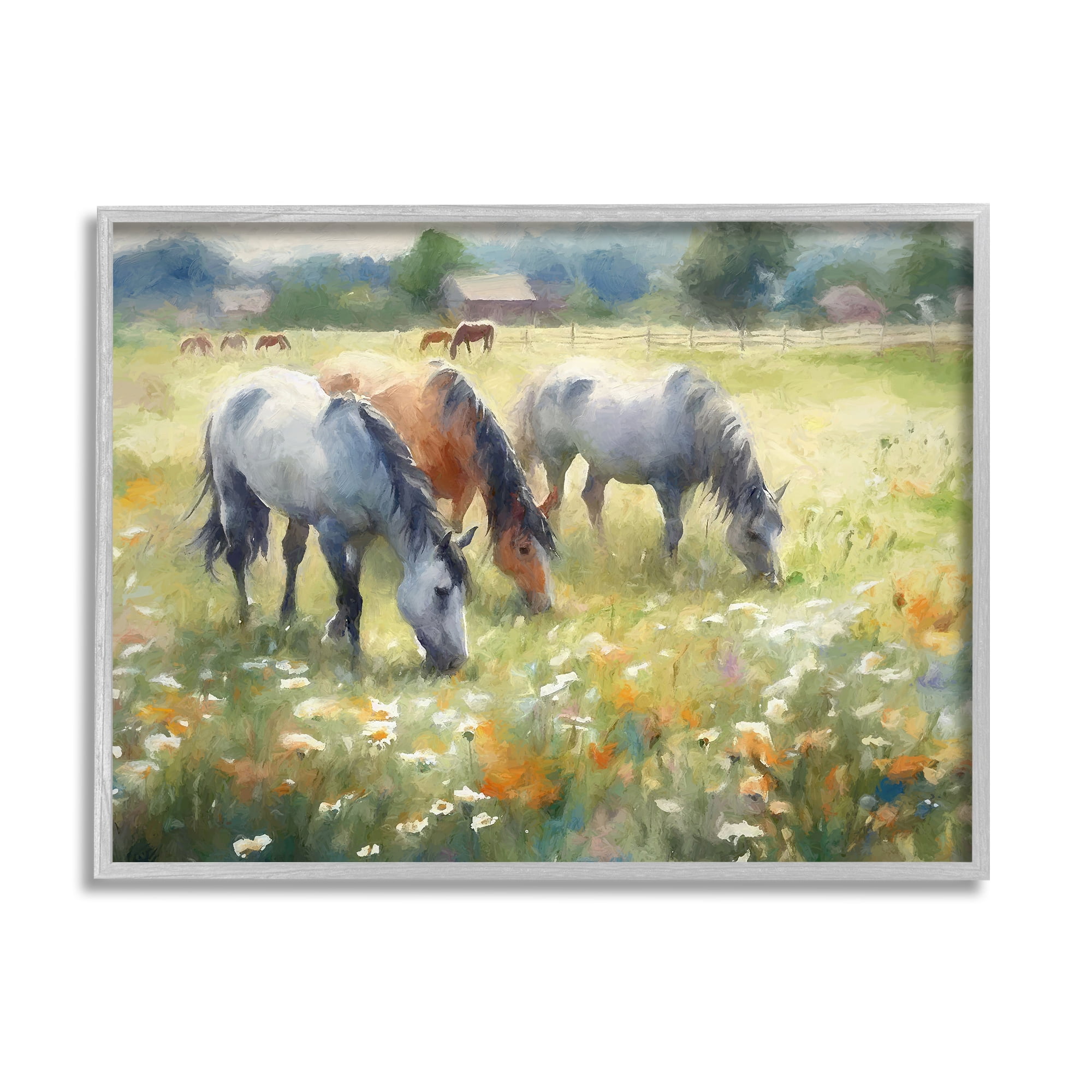 Stupell Industries Grazing Horses in Pasture Animals & Insects Painting Gray Framed Art Print Wall Art, 30 x 24