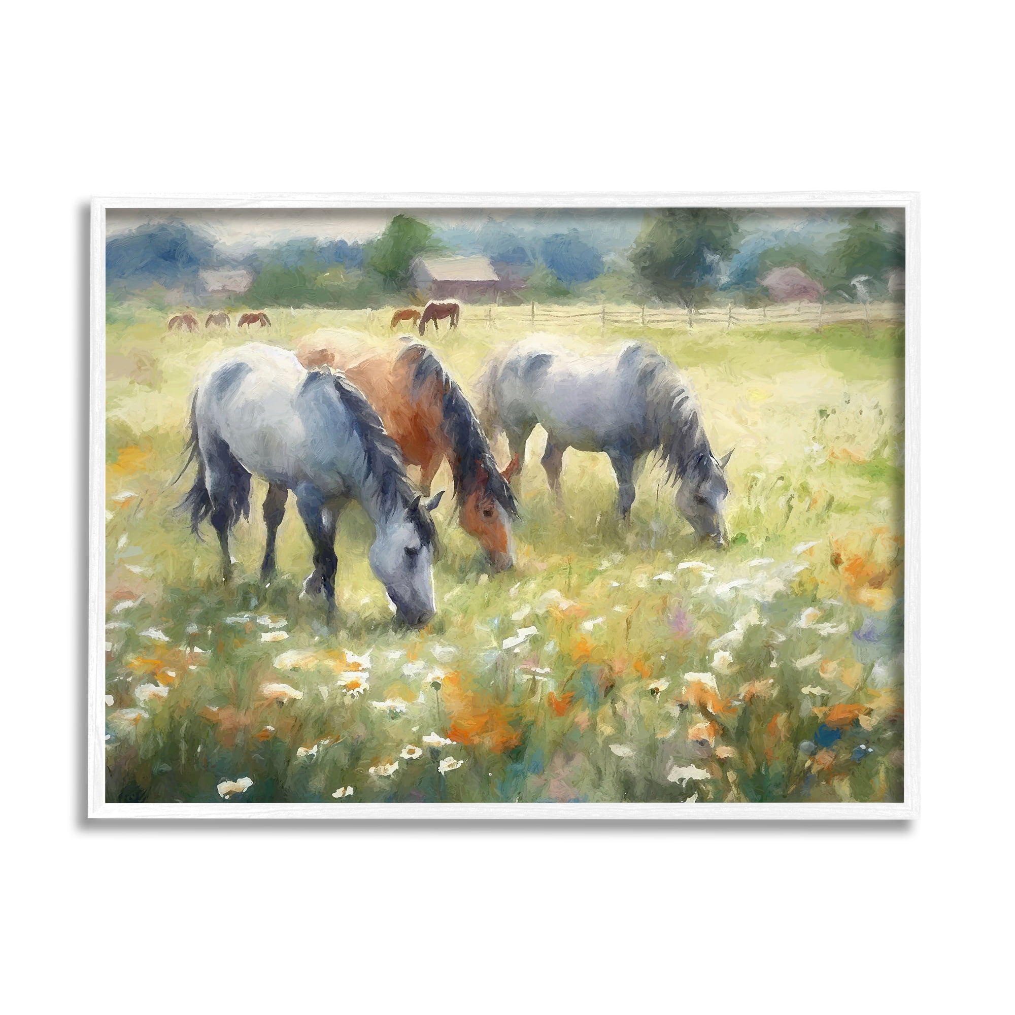 Stupell Industries Grazing Horses in Pasture Animals & Insects Painting White Framed Art Print Wall Art, 14 x 11
