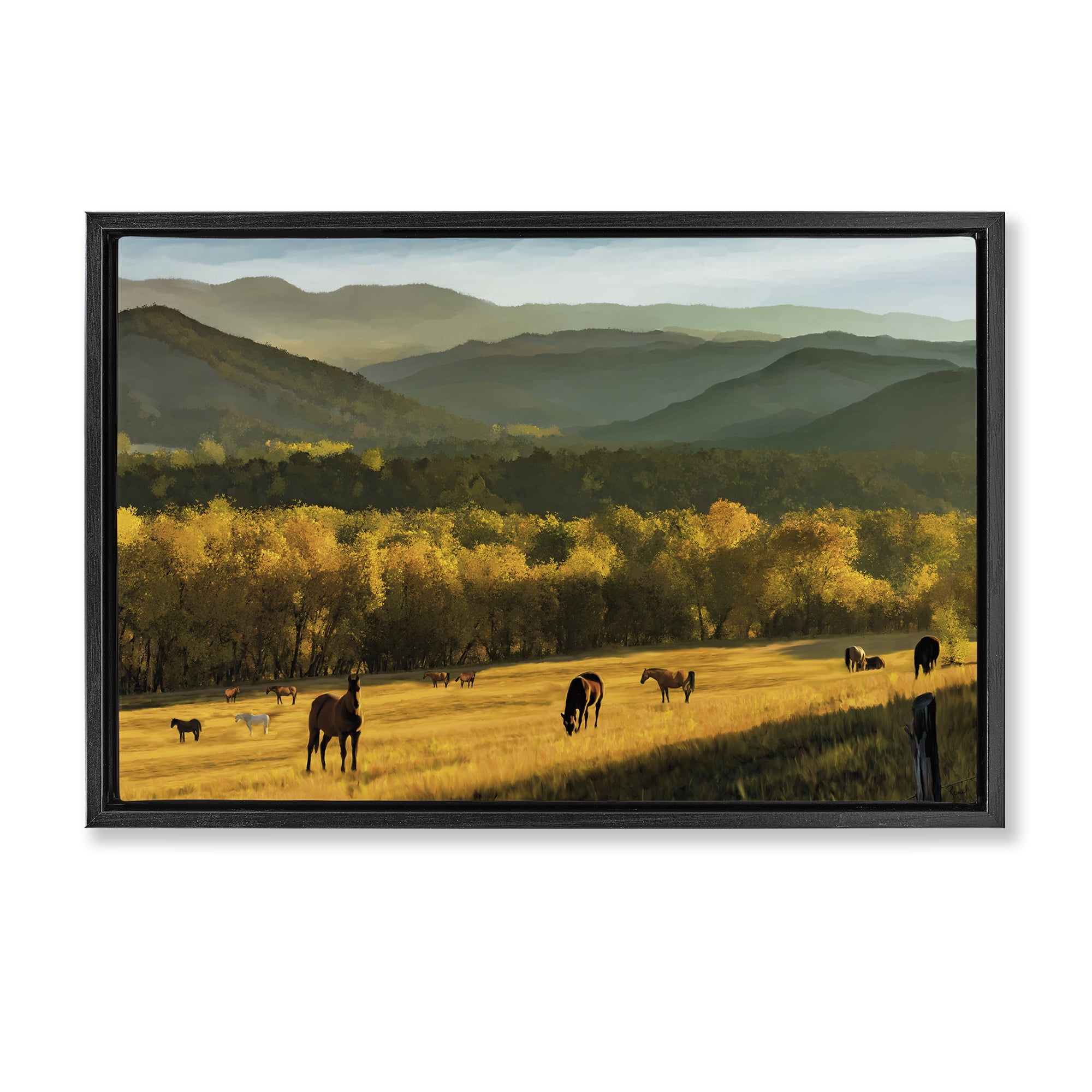 Stupell Industries Grazing Horses in Valley Black Framed Floater Canvas Wall Art, design by Renel Peters