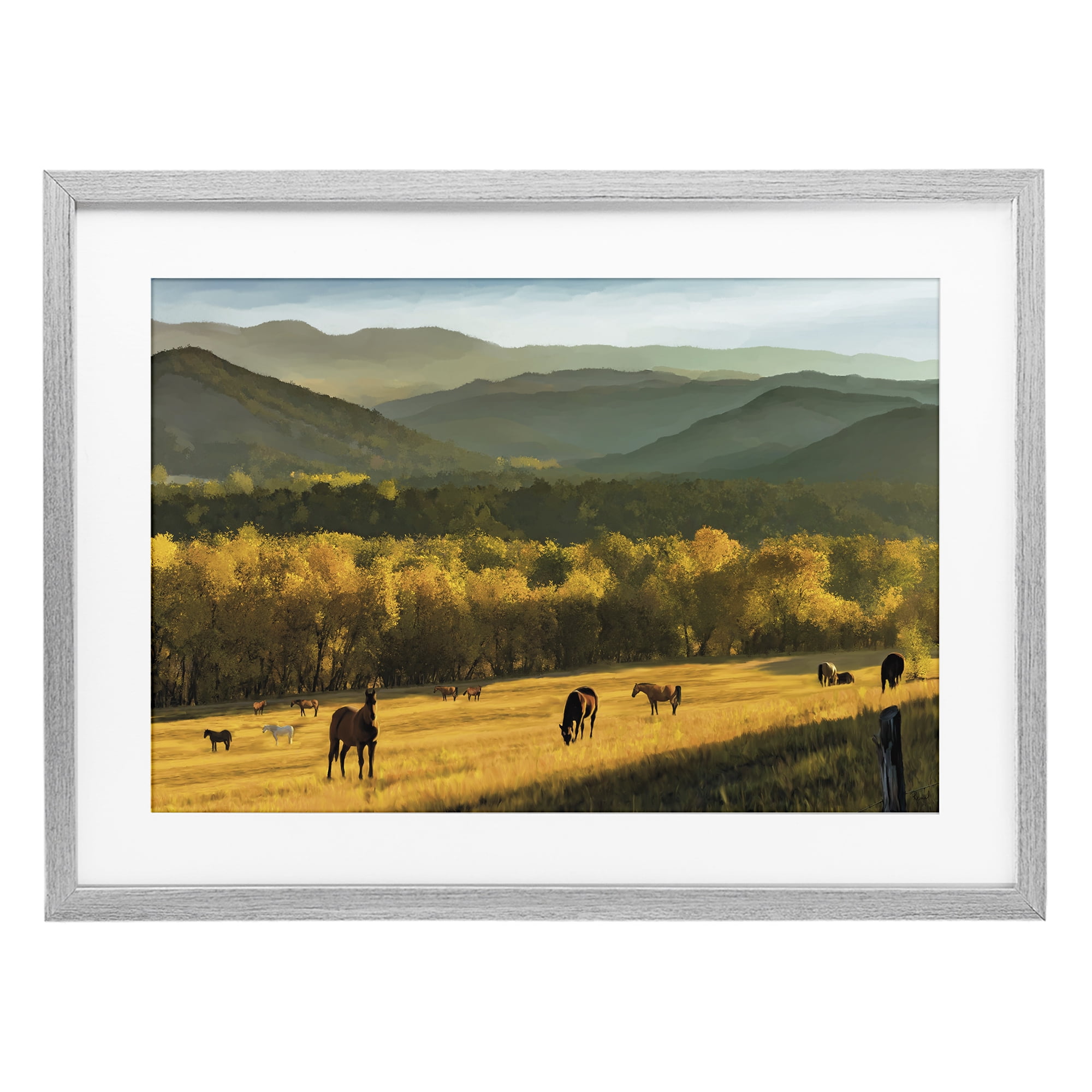 Stupell Industries Grazing Horses in Valley Gray Framed Print Under Glass, design by Renel Peters