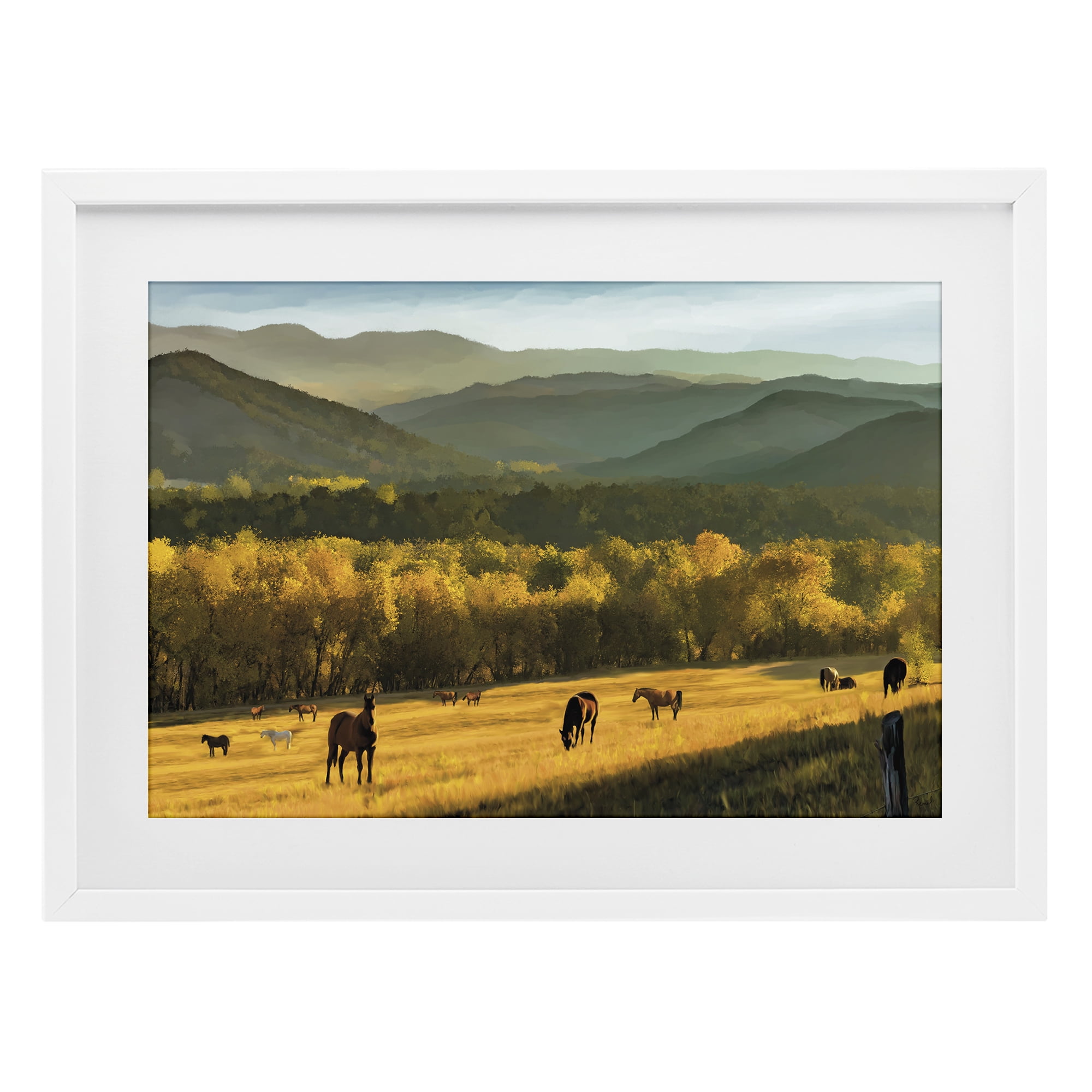 Stupell Industries Grazing Horses in Valley White Framed Print Under Glass, design by Renel Peters