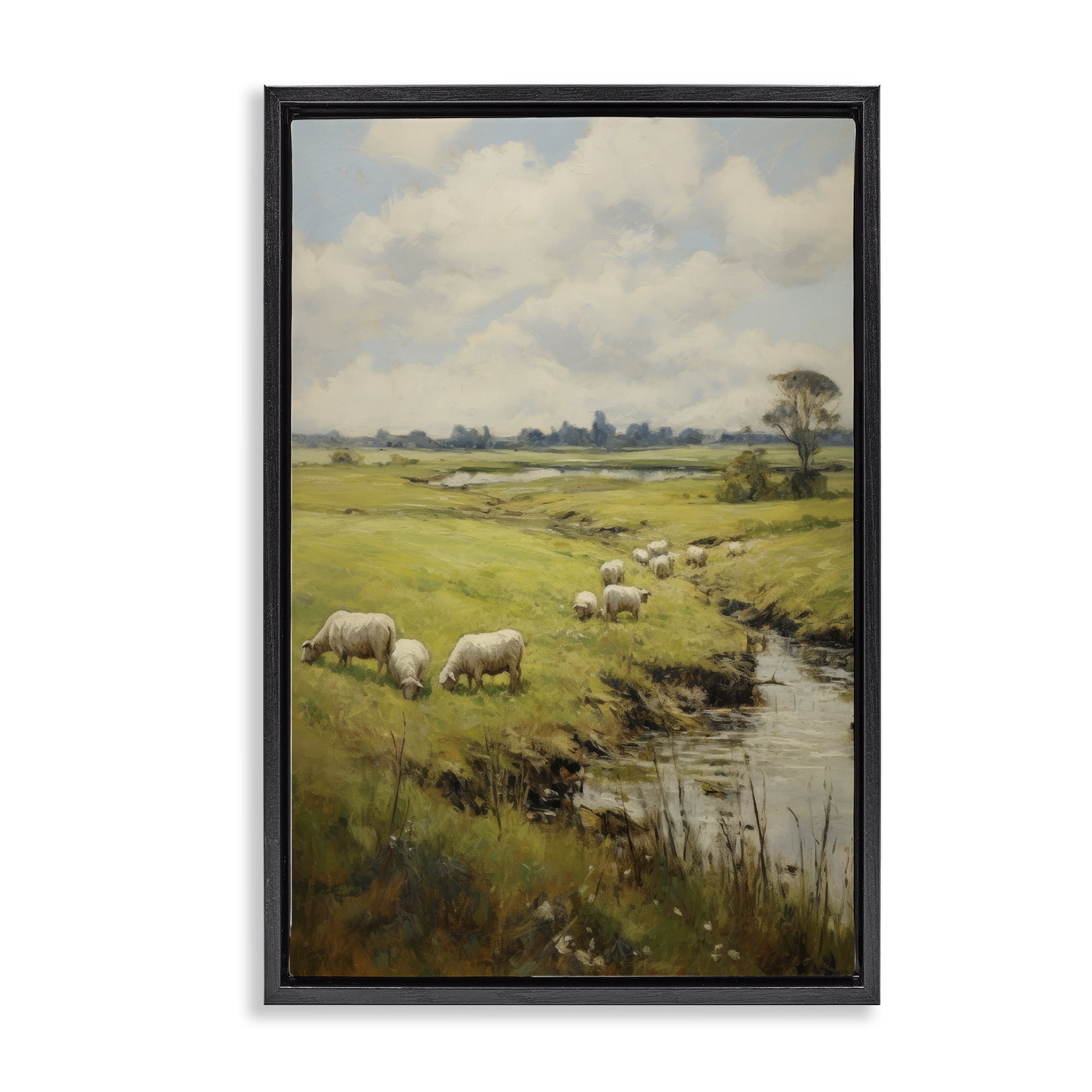 Stupell Industries Grazing Sheep Countryside Landscape Painting Black Floater Framed Canvas Art Print Wall Art, 21 x 31