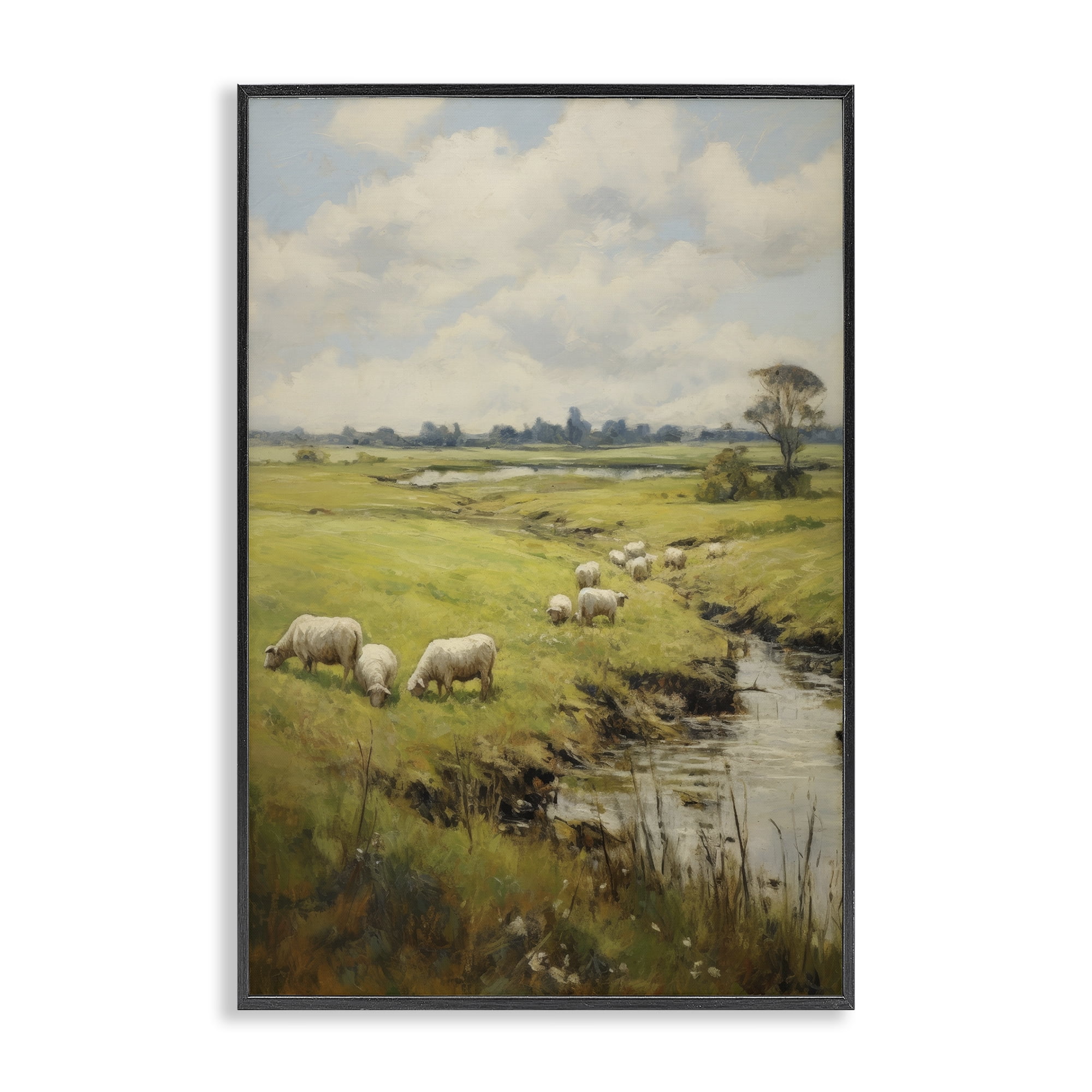 Stupell Industries Grazing Sheep Countryside Landscape Painting Black Framed Art Print Wall Art, 20 x 30