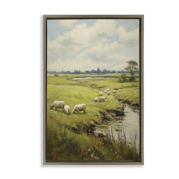 Stupell Industries Grazing Sheep Countryside Landscape Painting Brown Floater Framed Canvas Art Print Wall Art, 21 x 31