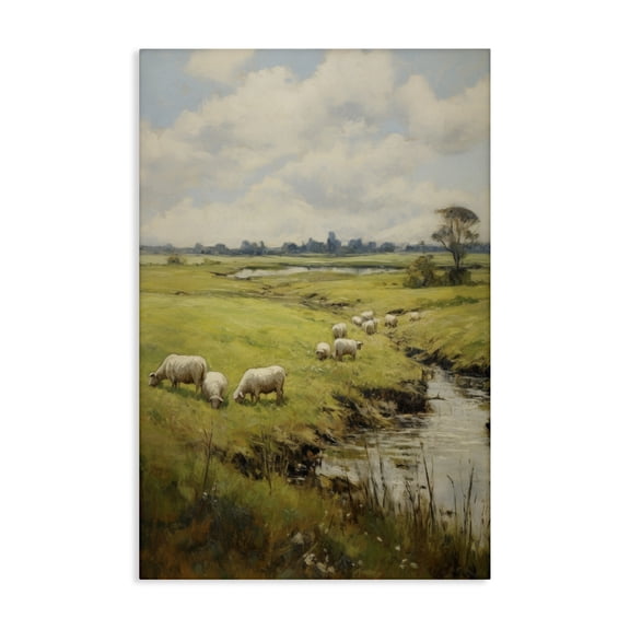 Stupell Industries Grazing Sheep Countryside Landscape Painting Gallery Wrapped Canvas Art Print Wall Art, 24 x 36