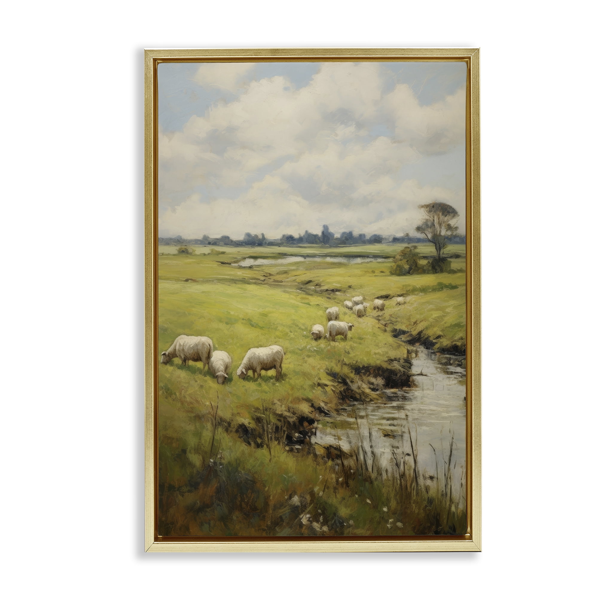 Stupell Industries Grazing Sheep Countryside Landscape Painting Gold Floater Framed Canvas Art Print Wall Art, 21 x 31