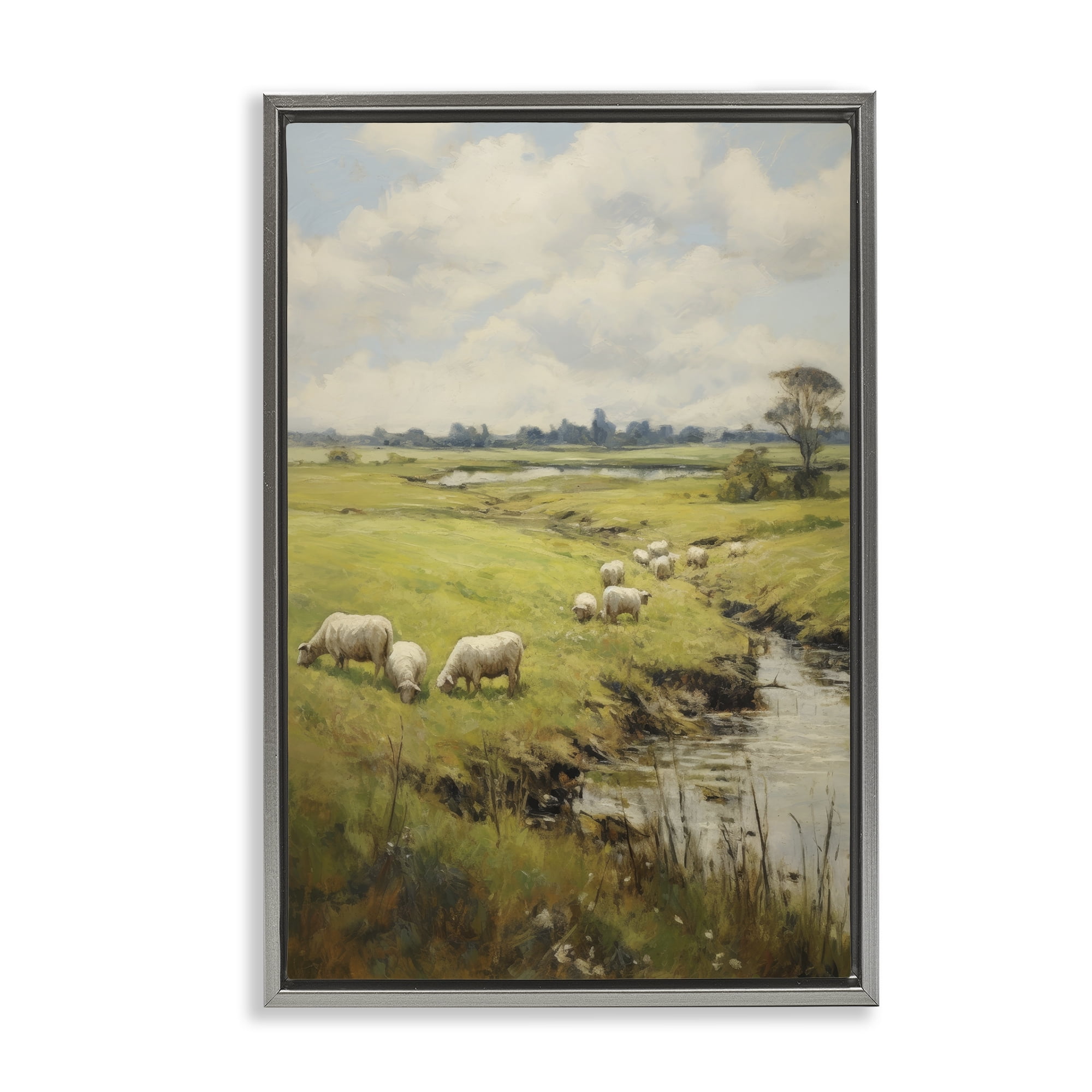 Stupell Industries Grazing Sheep Countryside Landscape Painting Gray Floater Framed Canvas Art Print Wall Art, 17 x 25