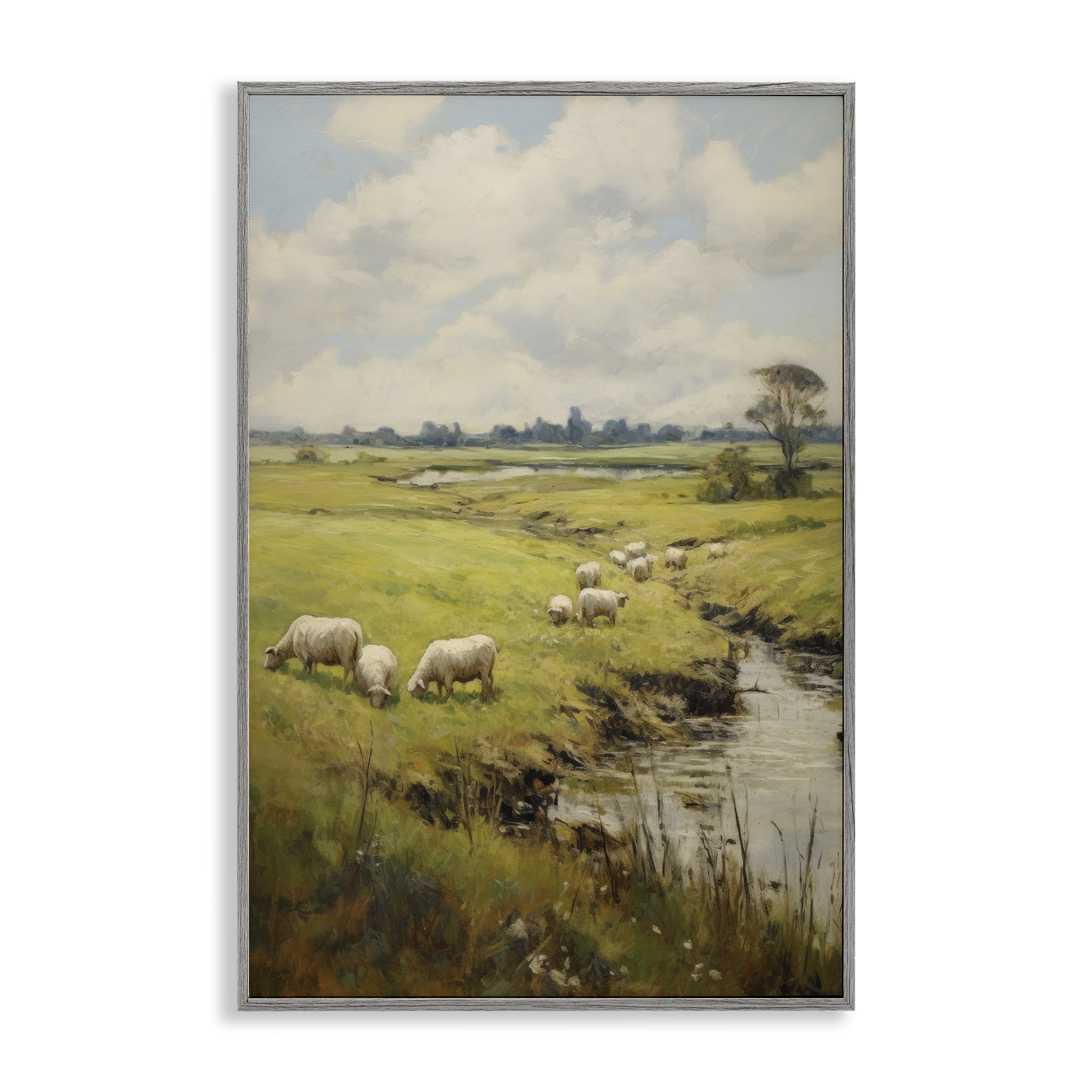 Stupell Industries Grazing Sheep Countryside Landscape Painting Gray Framed Art Print Wall Art, 20 x 30