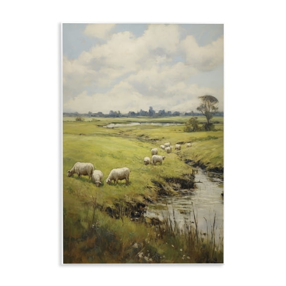 Stupell Industries Grazing Sheep Countryside Landscape Painting Unframed Art Print Wall Art, 13 x 19