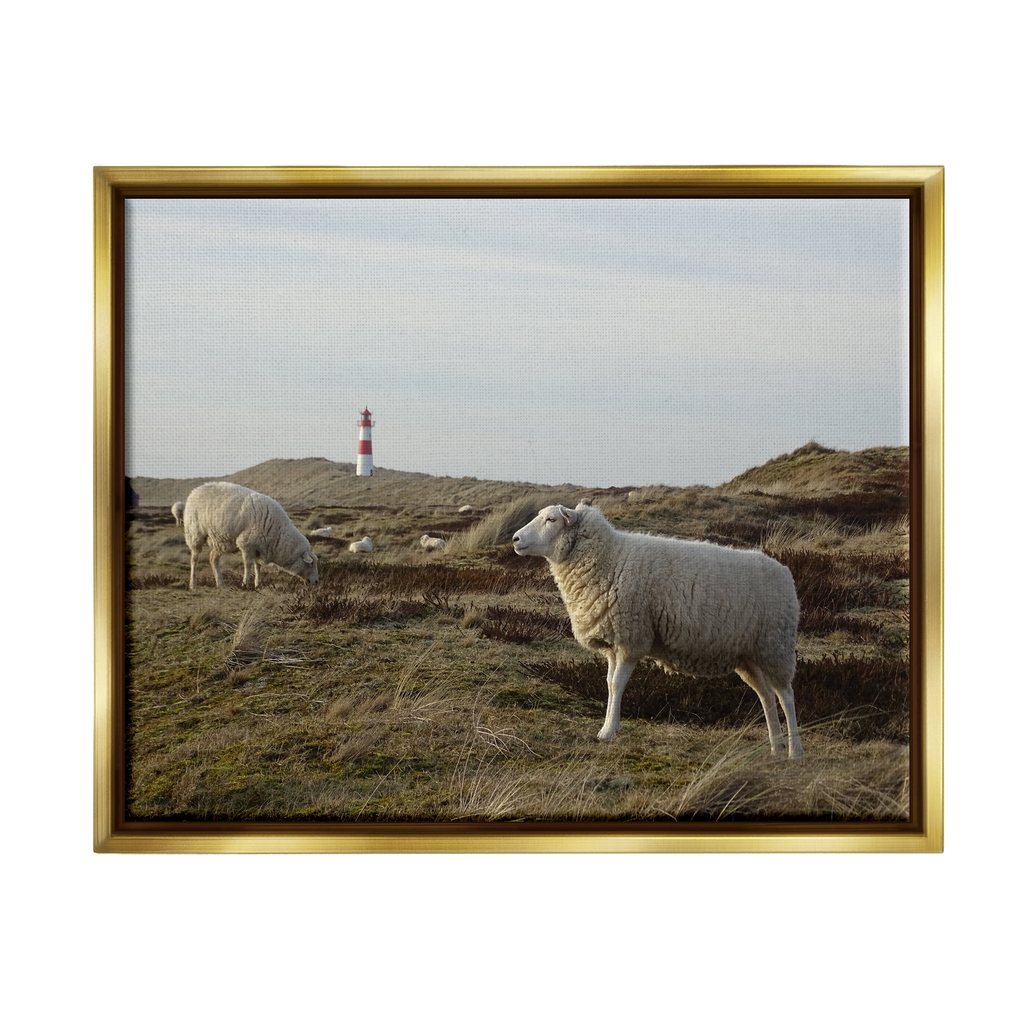 Stupell Industries Grazing Sheep Peaceful Grassland Hills Distant Lighthouse Photograph Metallic Gold Floating Framed Canvas Print Wall Art, Design by Daphne Polselli