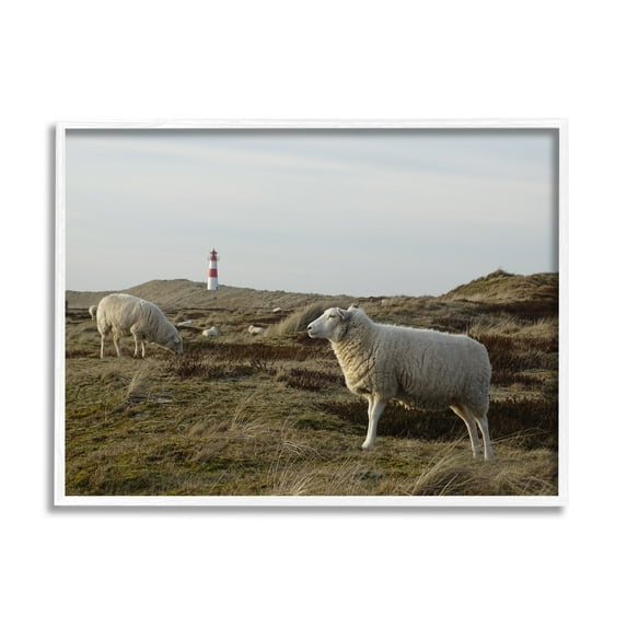 Stupell Industries Grazing Sheep Peaceful Grassland Hills Distant Lighthouse Photograph White Framed Art Print Wall Art, Design by Daphne Polselli